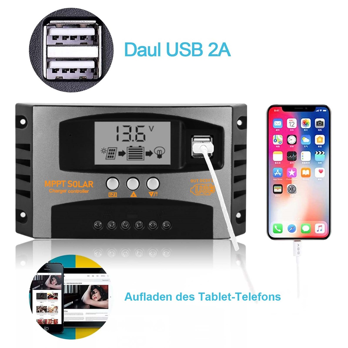 Solar Laderegler mit USB-Anschlüssen und angeschlossenem Smartphone.