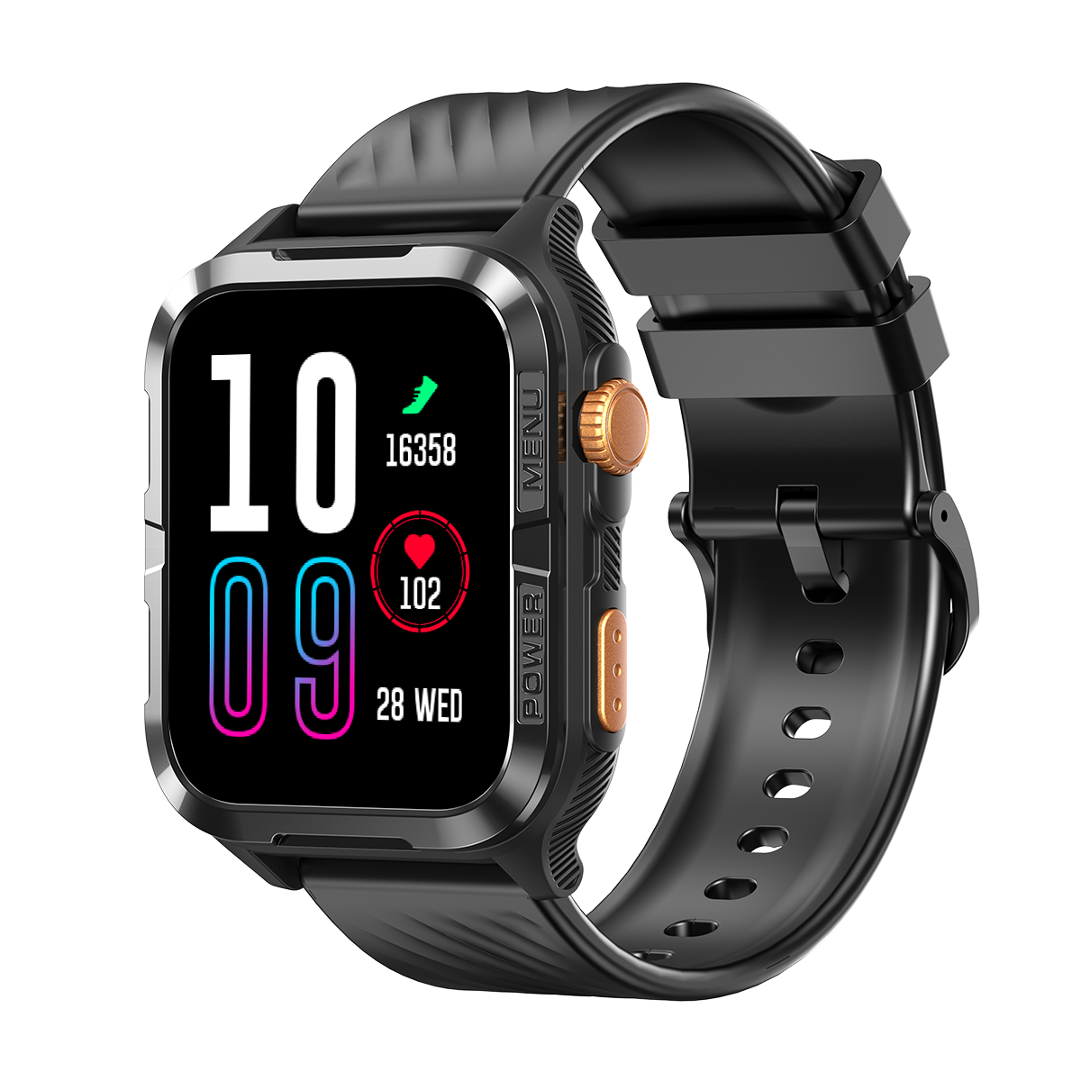 Czarny smartwatch z cyfrowym wyświetlaczem pokazującym czas, kroki i tętno.