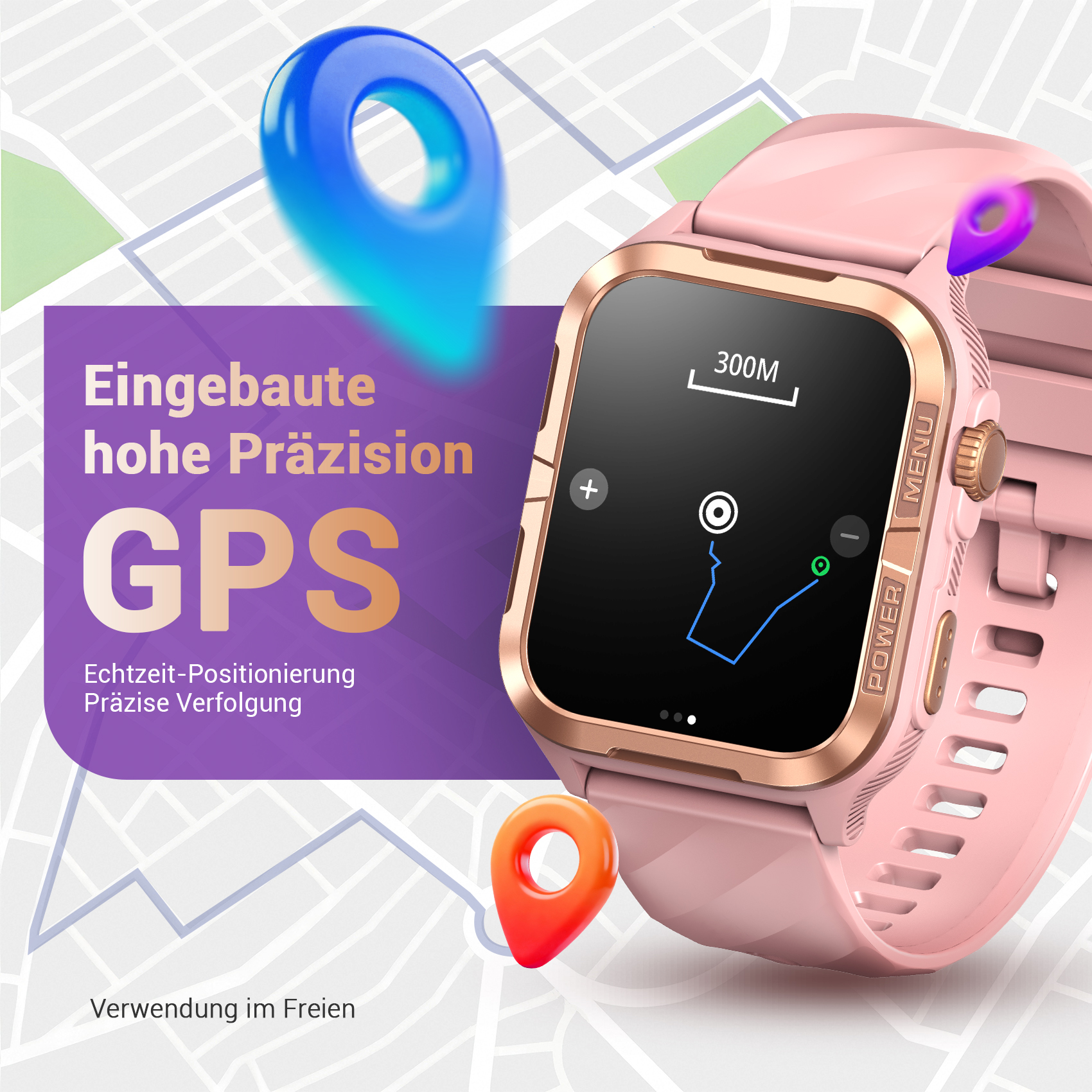 Eine rosafarbene Smartwatch mit GPS-Funktion auf einer Kartenoberfläche.