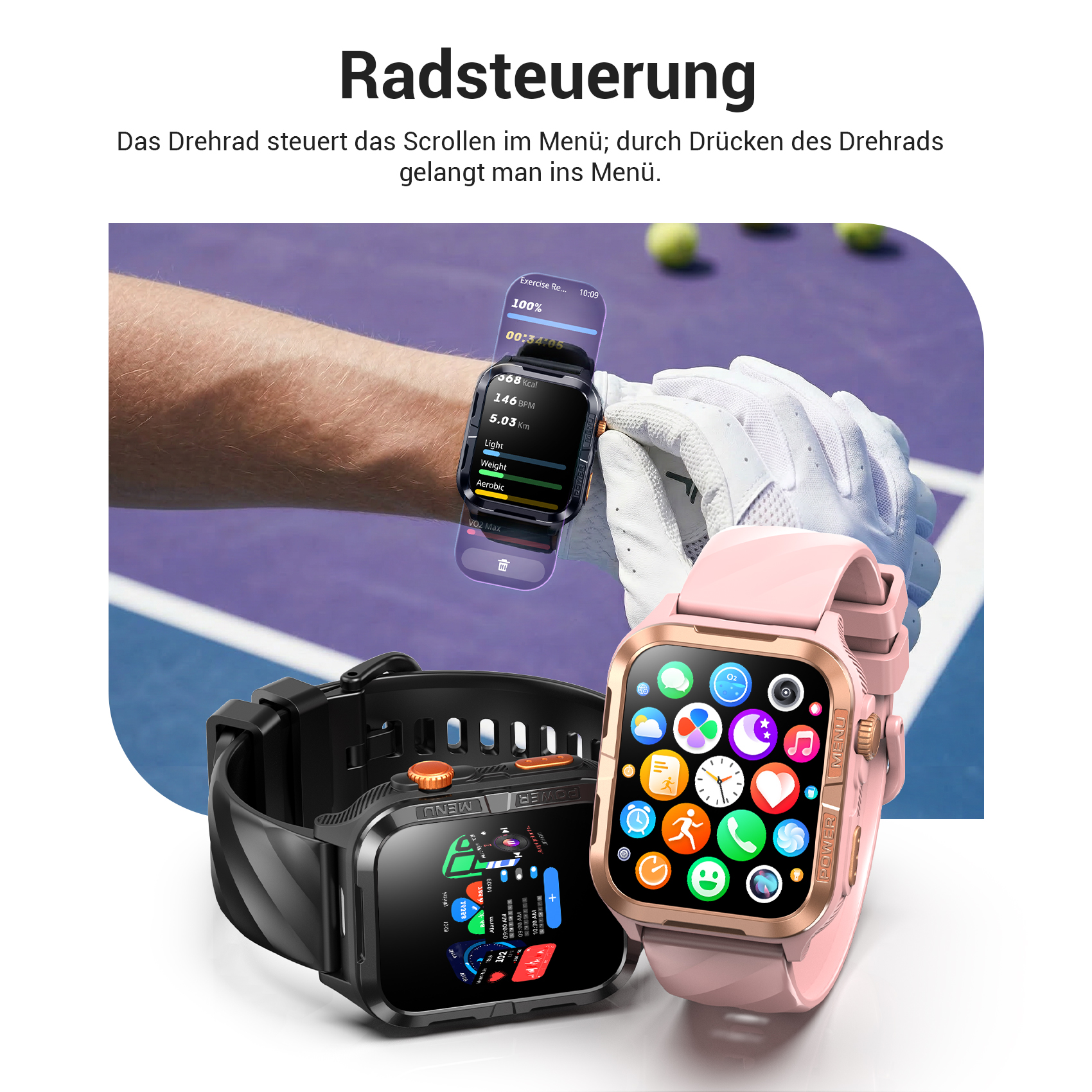 Zwei Smartwatches, eine schwarze und eine rosa, auf einem Tisch.
