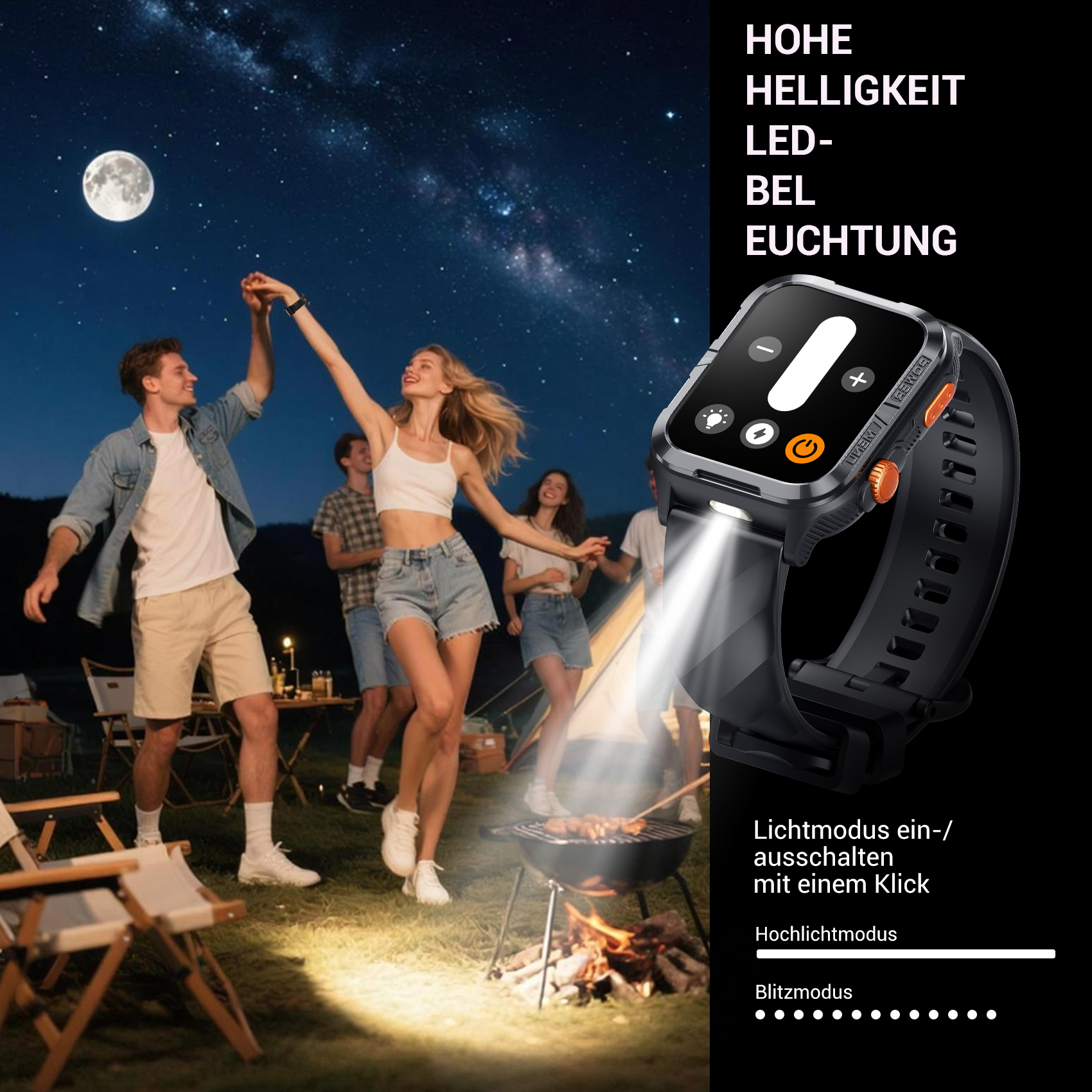Menschen tanzen nachts am Sternenhimmel, während eine Smartwatch mit Taschenlampe gezeigt wird.