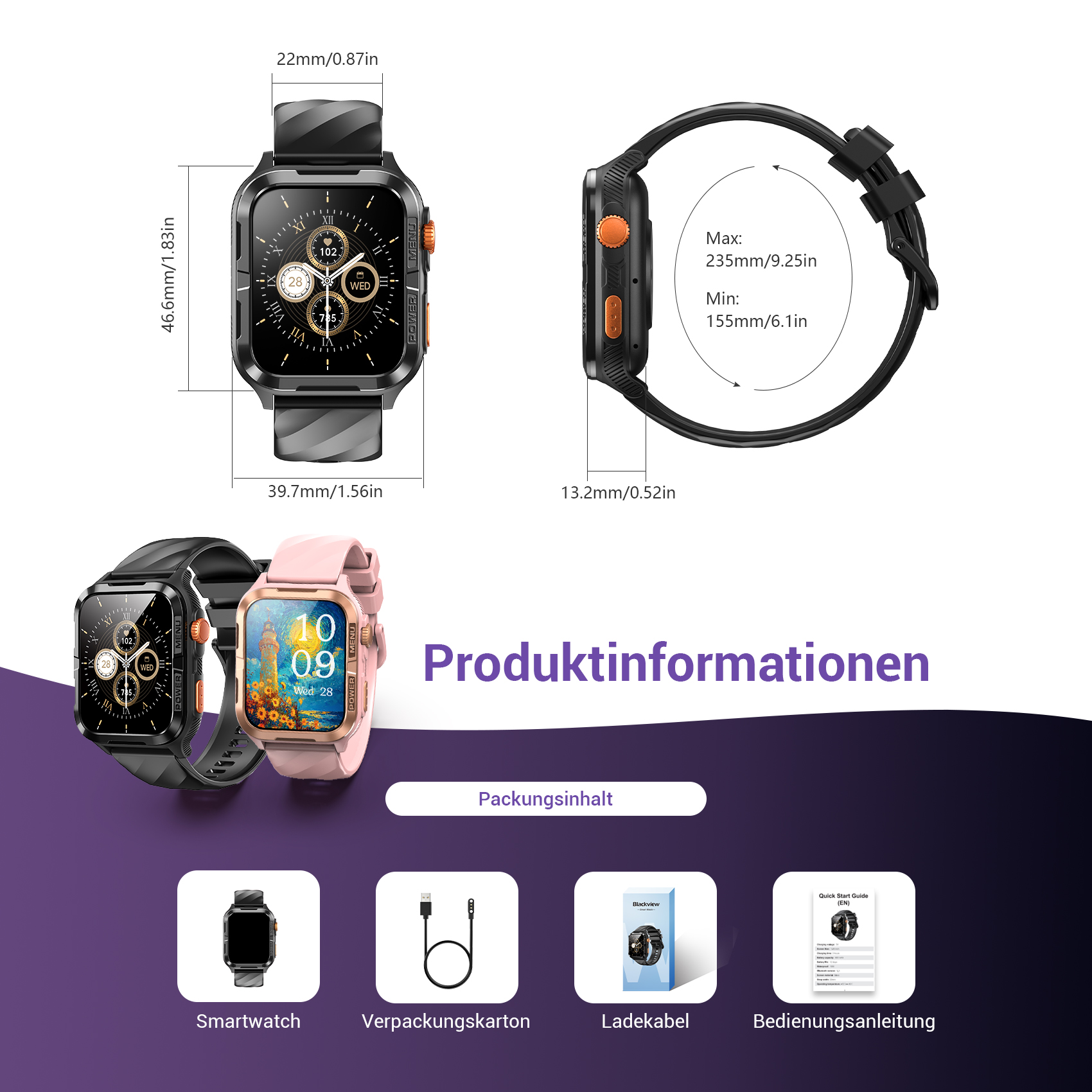 Produktinformationen mit Smartwatch-Abmessungen, Zubehör und Packungsinhalt.