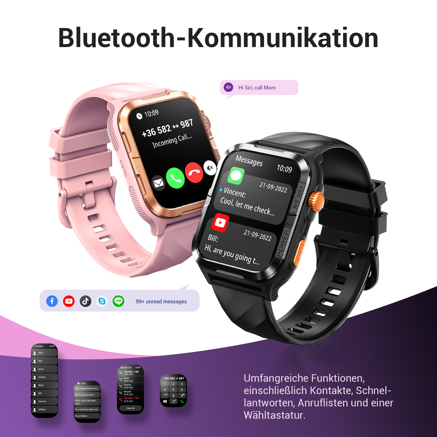Zwei Smartwatches: eine rosafarbene mit eingehendem Anruf, eine schwarze mit Nachrichten.