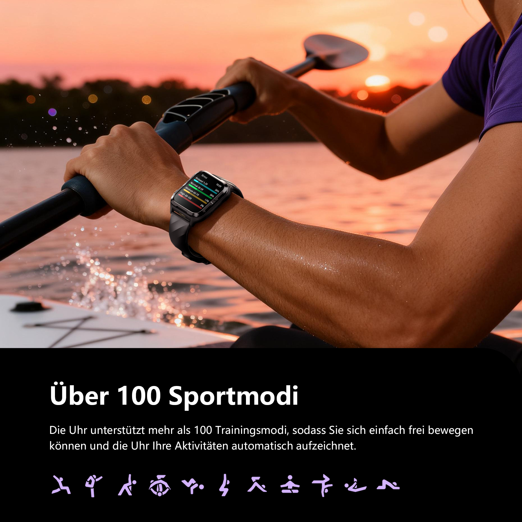 Person rudert auf einem Surfbrett mit Smartwatch am Handgelenk bei Sonnenuntergang.