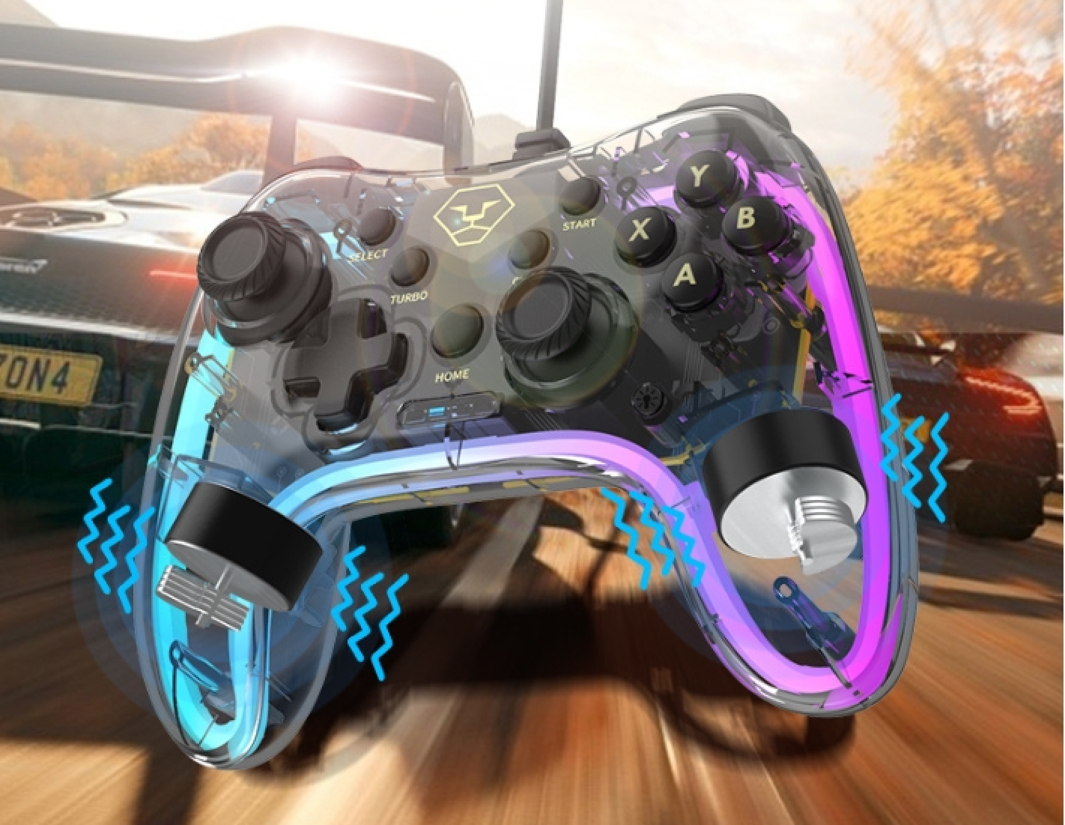 Transparenter Controller mit lila und blauen Lichtern, der ein Rennspiel simuliert.