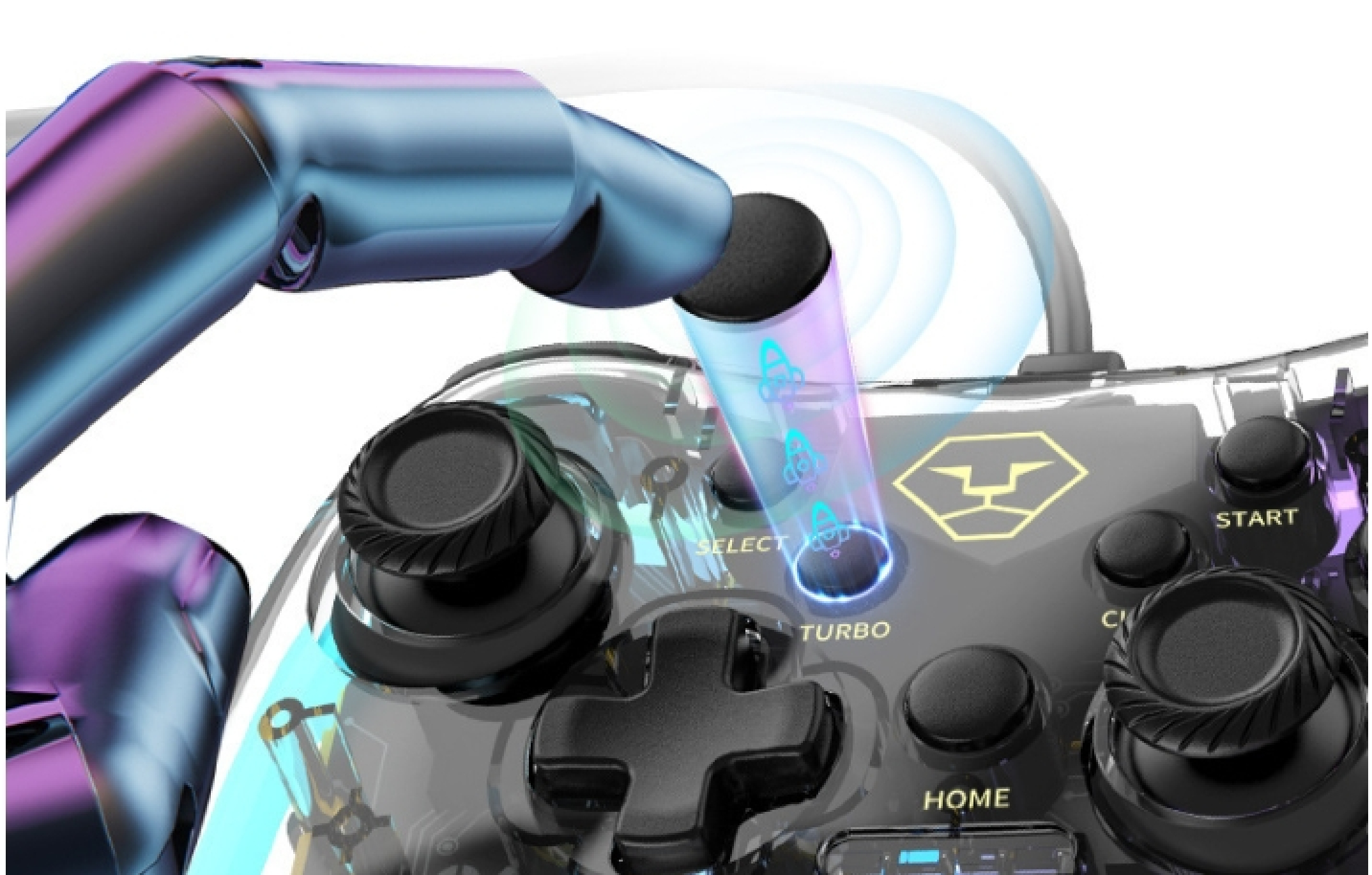 Ein transparenter Controller mit bunten Lichtern und Raketensymbolen.
