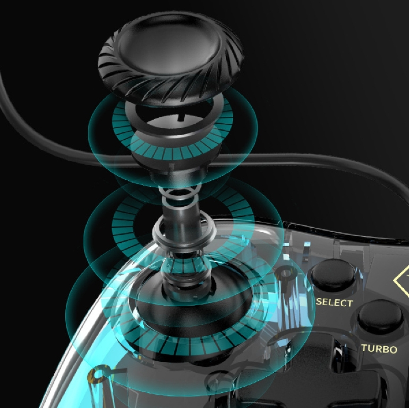 Nahaufnahme eines transparenten Gamecontroller-Joystick-Mechanismus mit leuchtend blauen Ringen.