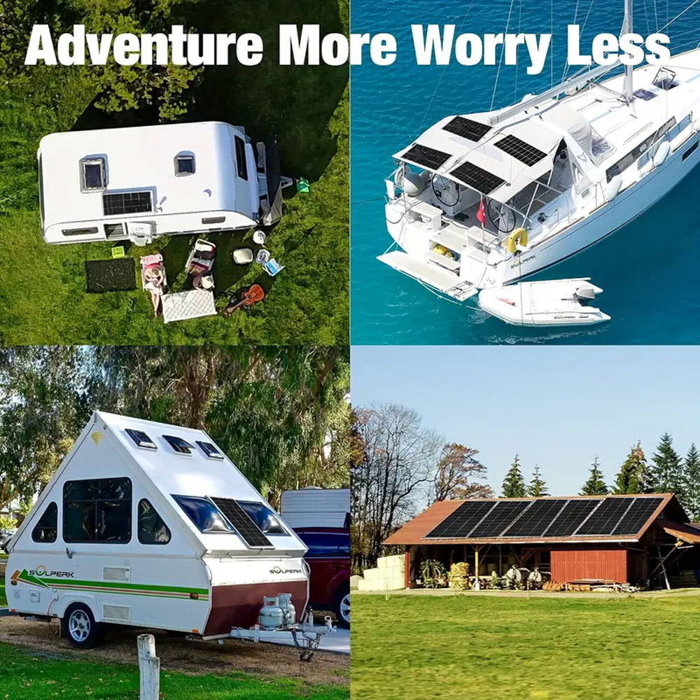 Vier Szenen: Wohnwagen, Segelboot, A-Frame-Anhänger und Scheune mit Solarpaneelen.