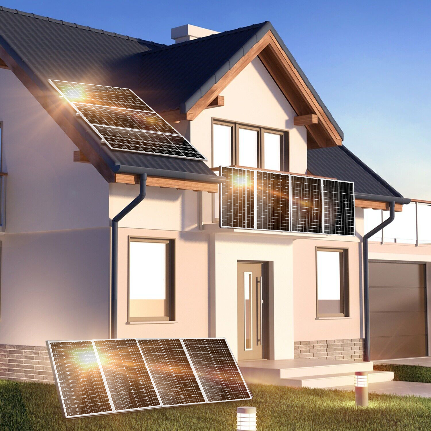 Modernes Haus mit Solarmodulen auf Dach und Balkon, sonniger Tag.