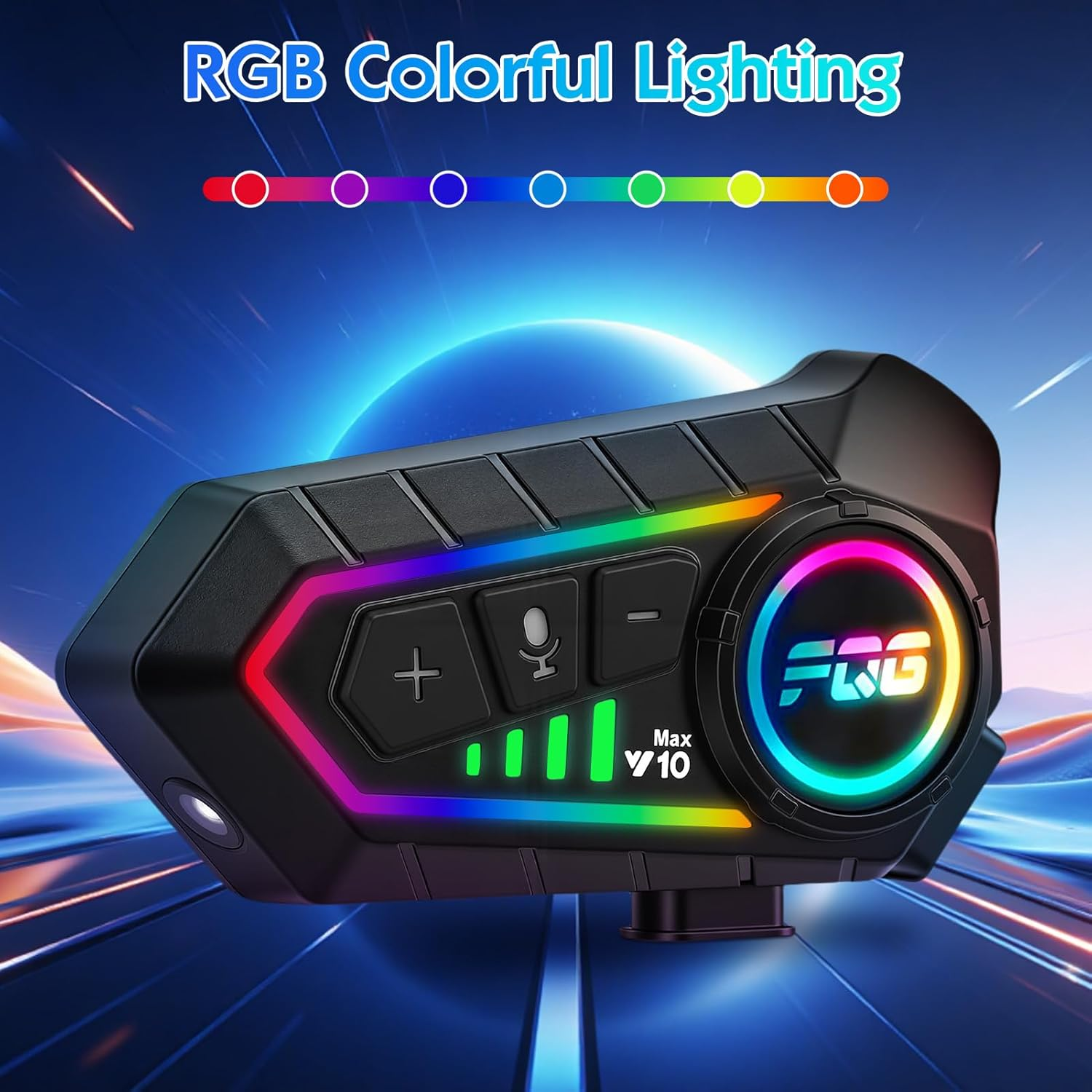 Schwarz mit RGB-Beleuchtung, 5 grüne Balken, Max V10-Logo.