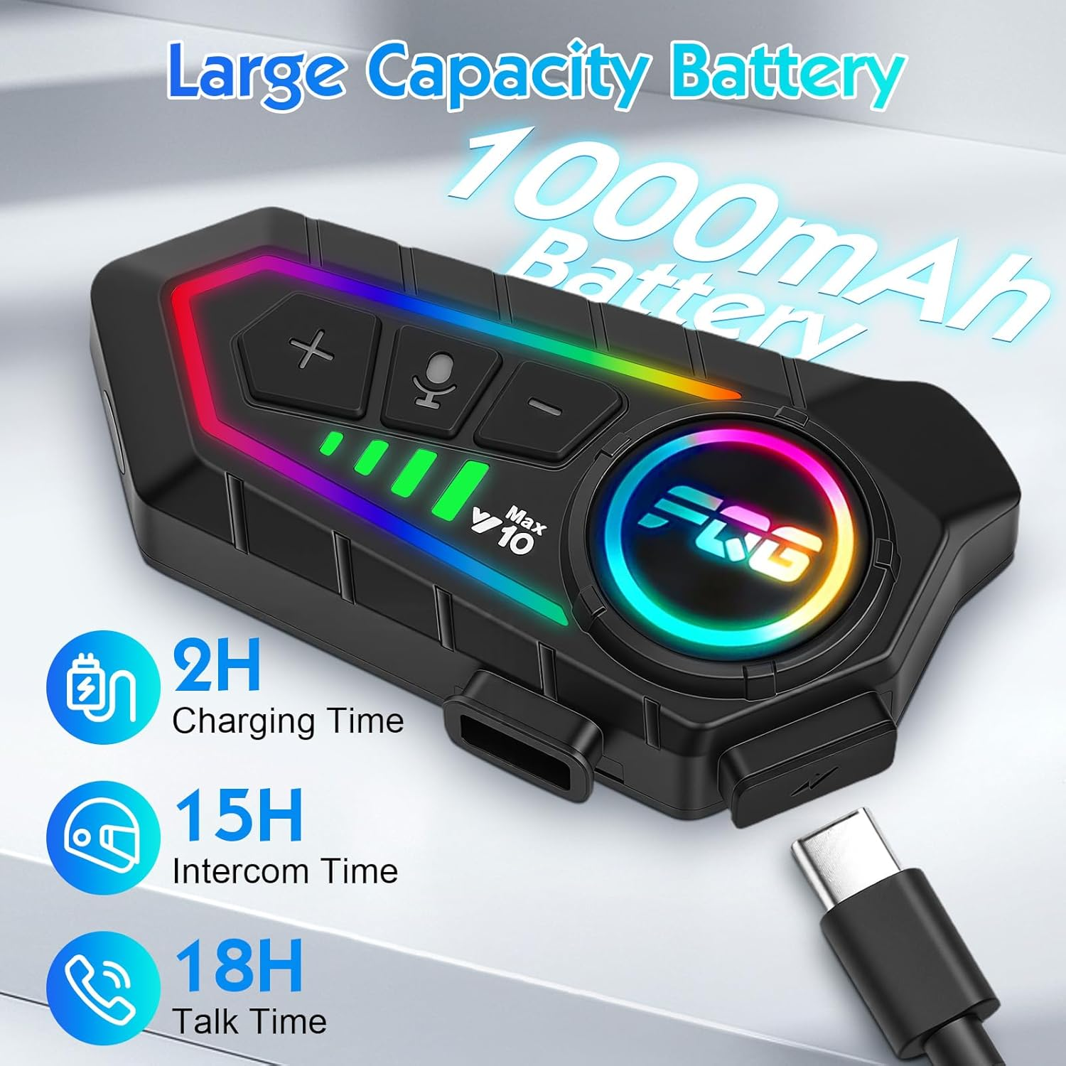 Schwarzer Motorrad-Interkom mit 1000mAh Akku, USB-C und RGB-Beleuchtung.