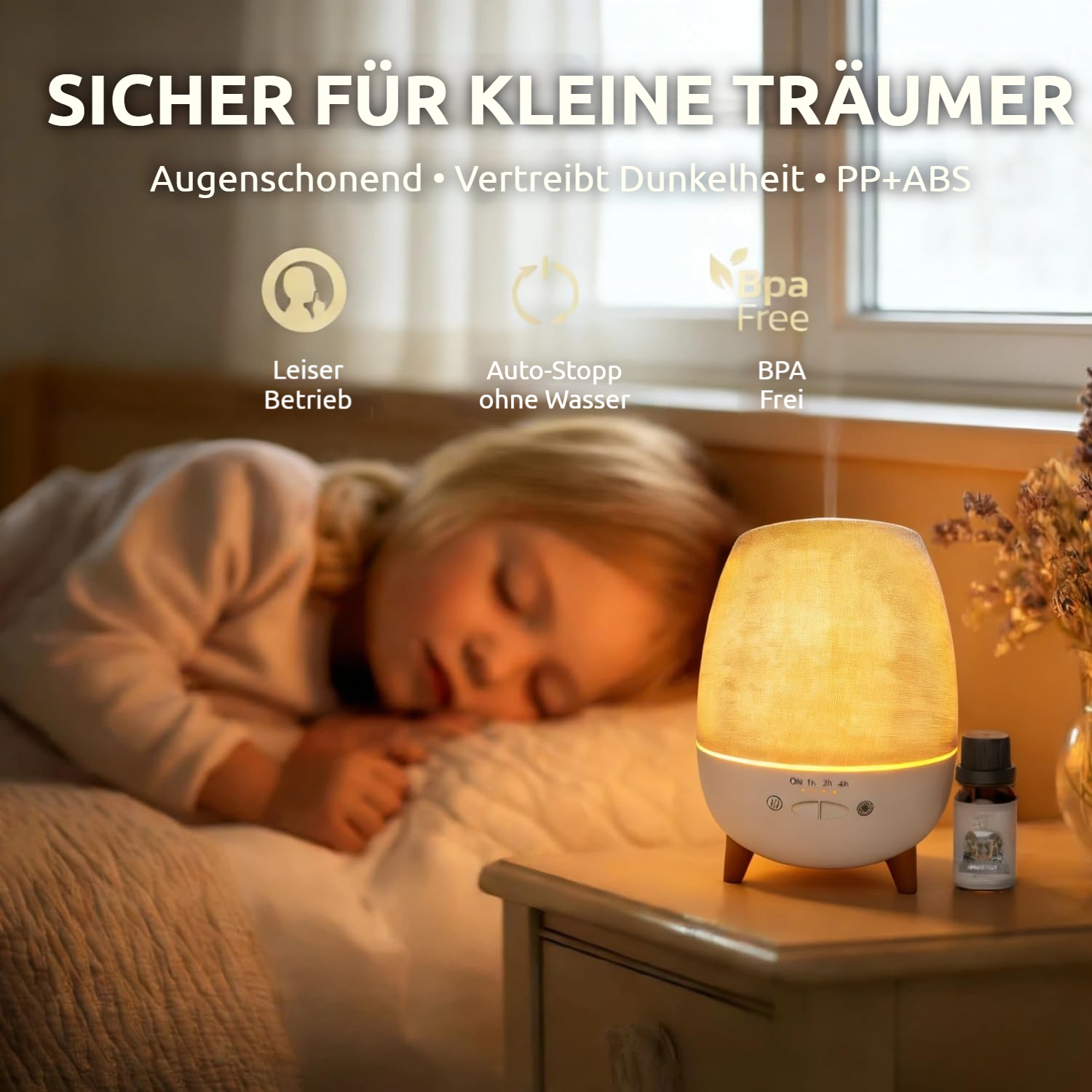 Ein Diffusor mit warmem Licht neben einem schlafenden Kind auf einem Nachttisch.