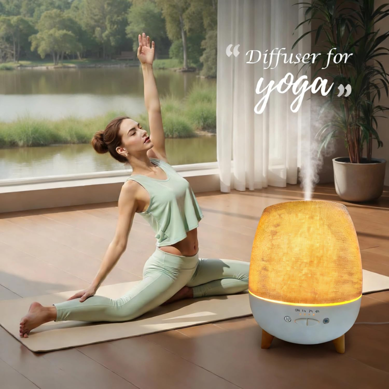 Frau macht Yoga neben einem ätherischen Öl-Diffusor, der Nebel abgibt.