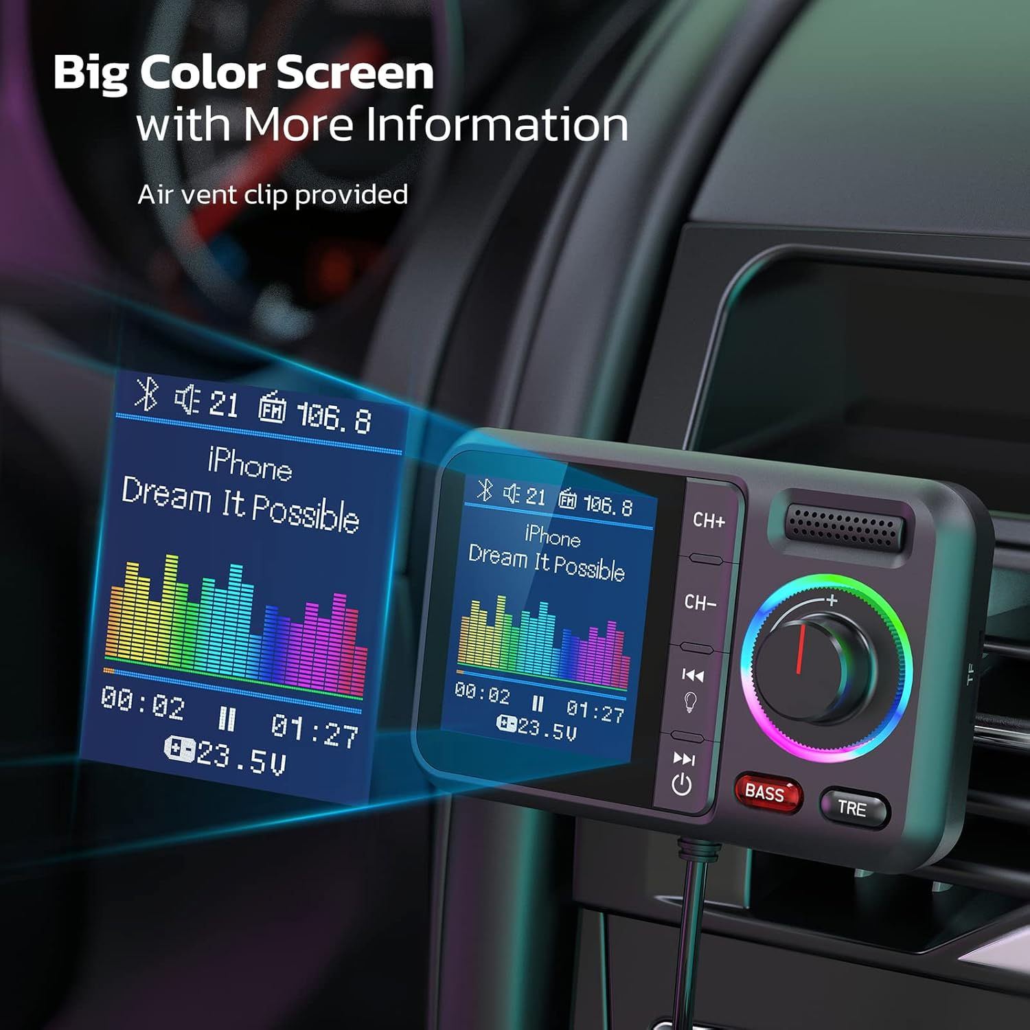 Autozubehör mit Farbdisplay, zeigt Equalizer und Songtitel an.