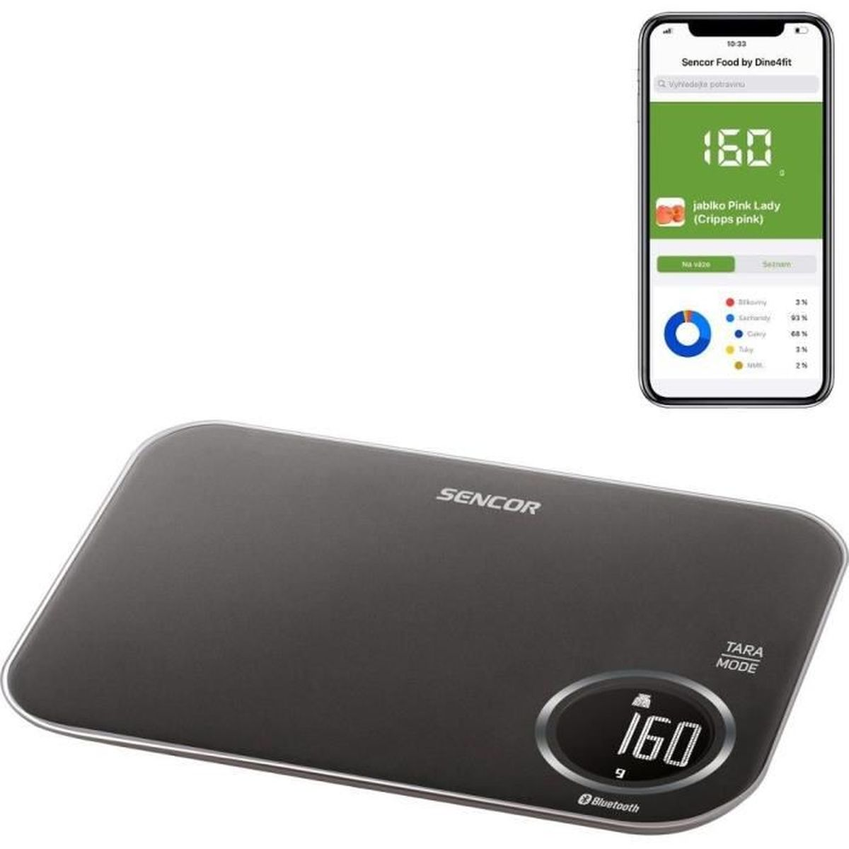 Eine Sencor-Waage zeigt 160g an. Ein Telefon zeigt Sencor Food App-Infos an.