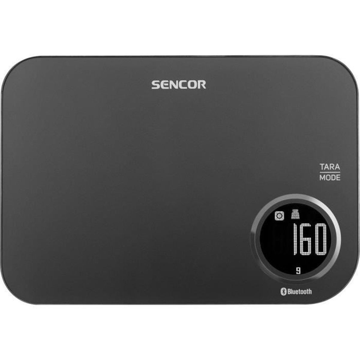 Eine dunkle digitale Küchenwaage mit SENCOR-Logo und beleuchtetem Display, das 160g anzeigt.