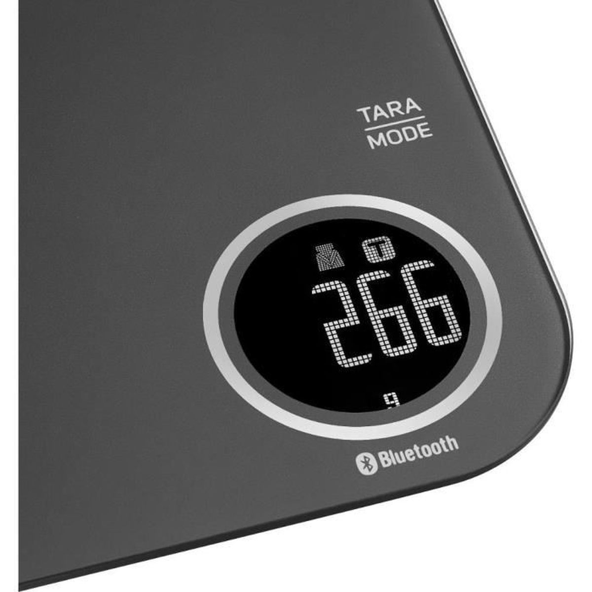 Graue Digitalwaage zeigt '266' Gramm an, mit Tara- und Modus-Tasten und Bluetooth-Symbol.