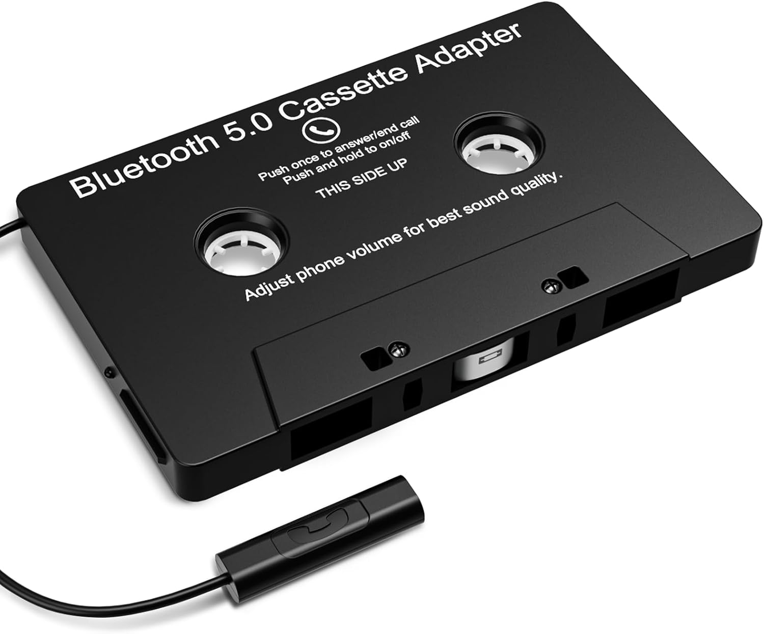 Schwarzer Bluetooth 5.0 Kassettenadapter mit Kabel und Mikrofon.