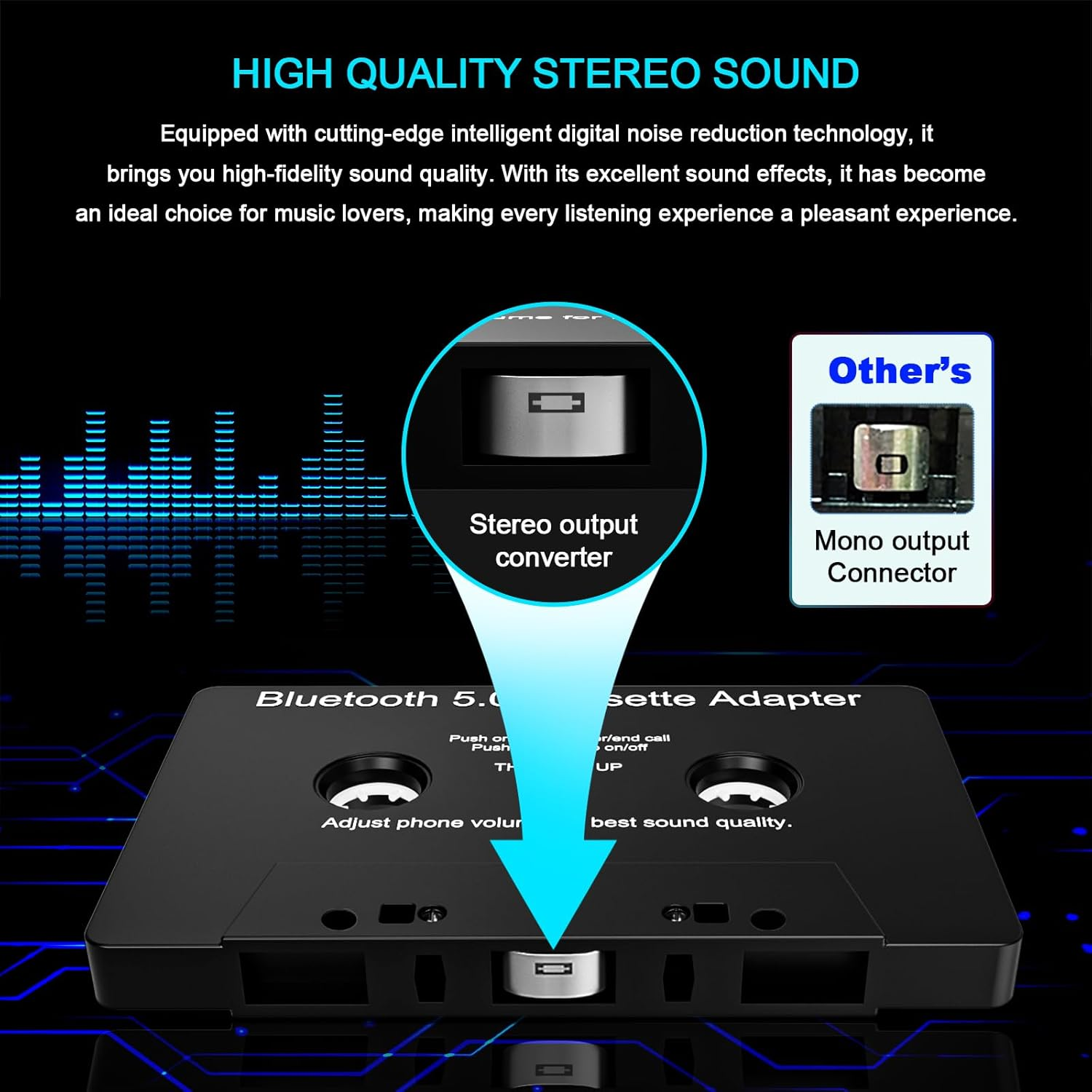 Eine schwarze Kassette mit Bluetooth 5.0 und Adapter für Stereo- oder Monoausgang.