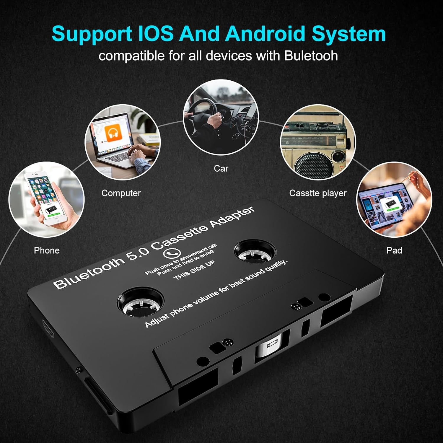 Bluetooth 5.0 Kassettenadapter unterstützt iOS und Android, mit Optionen für Computer, Auto, Telefon, Kassettenspieler und Pad.