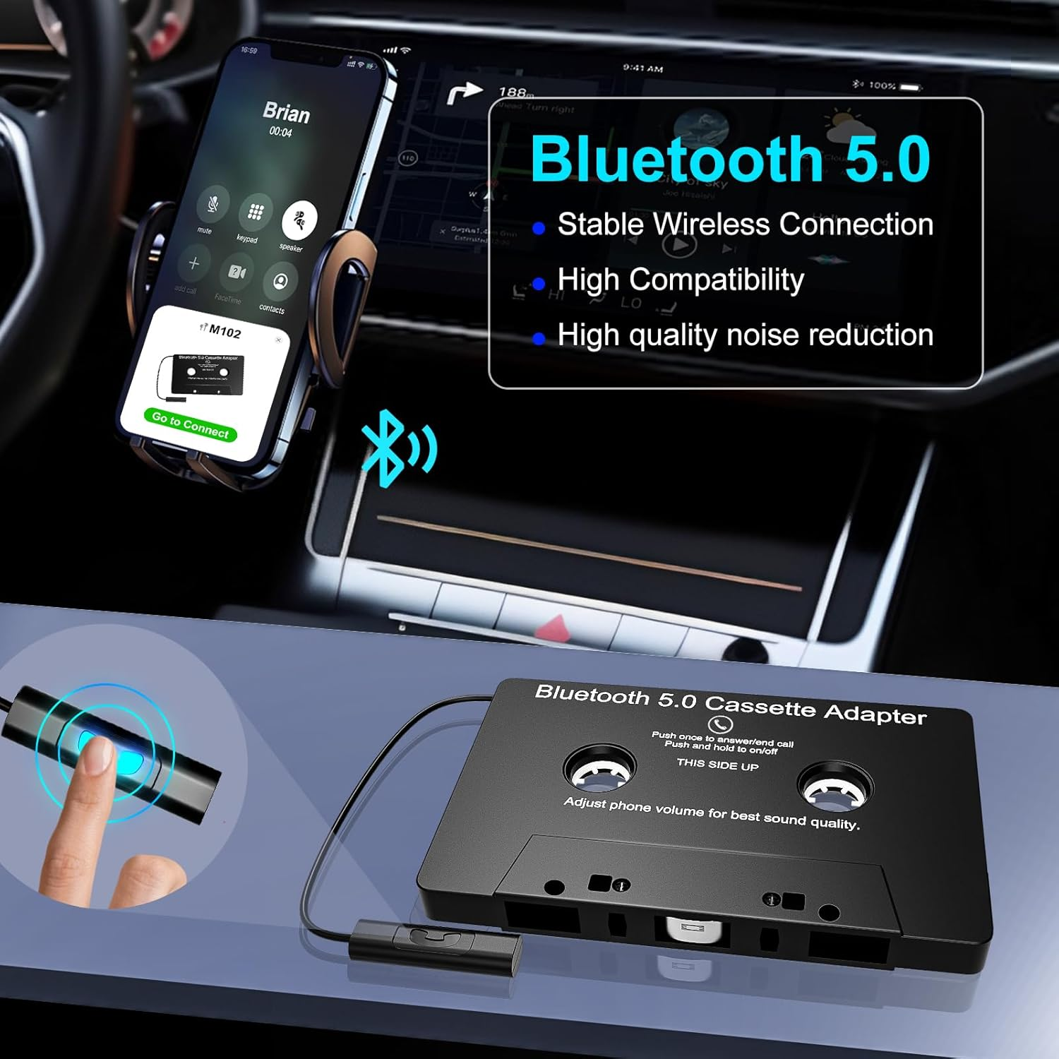 Bluetooth 5.0 Kassettenadapter im Auto mit Handy und Adapter.
