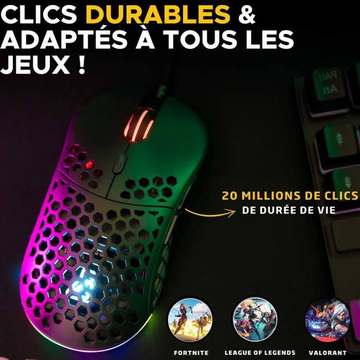 Gaming-Maus mit Wabenmuster, RGB-Beleuchtung, neben Tastatur und Spielsymbolen.