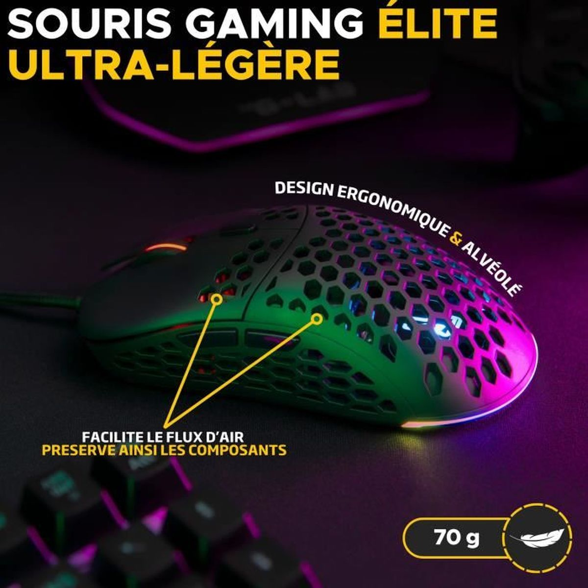 Eine ultraleichte Gaming-Maus mit Wabenmuster, 70g Gewicht. Ergonomisches Design.