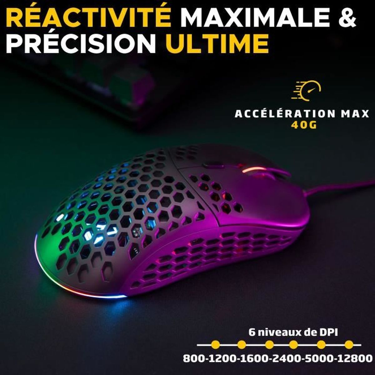 Schwarze Gaming-Maus mit Wabenmuster, RGB-Beleuchtung. Max. Beschleunigung 40G.