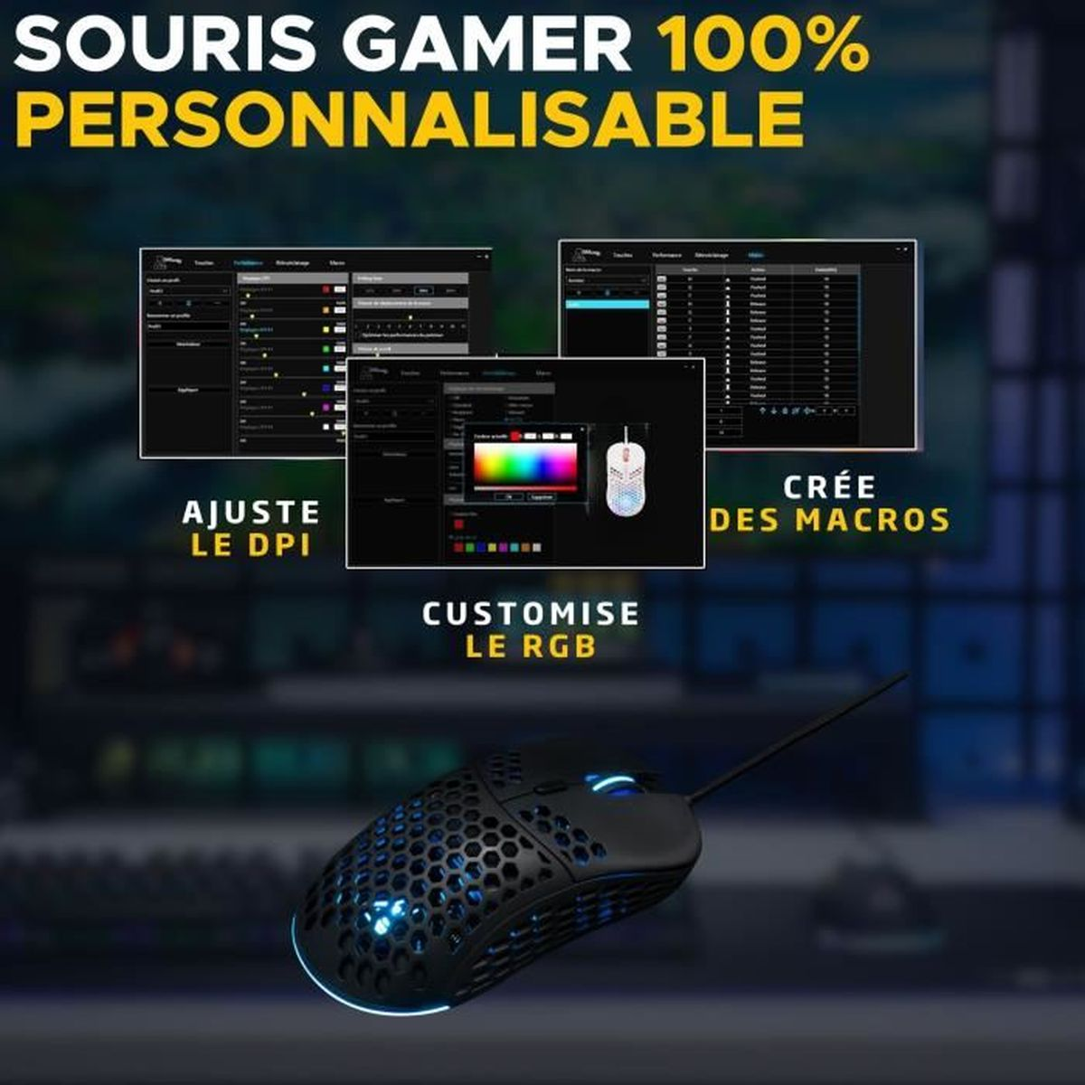 Schwarze Gaming-Maus mit Wabenmuster und RGB-Beleuchtung, daneben Software-Screens.