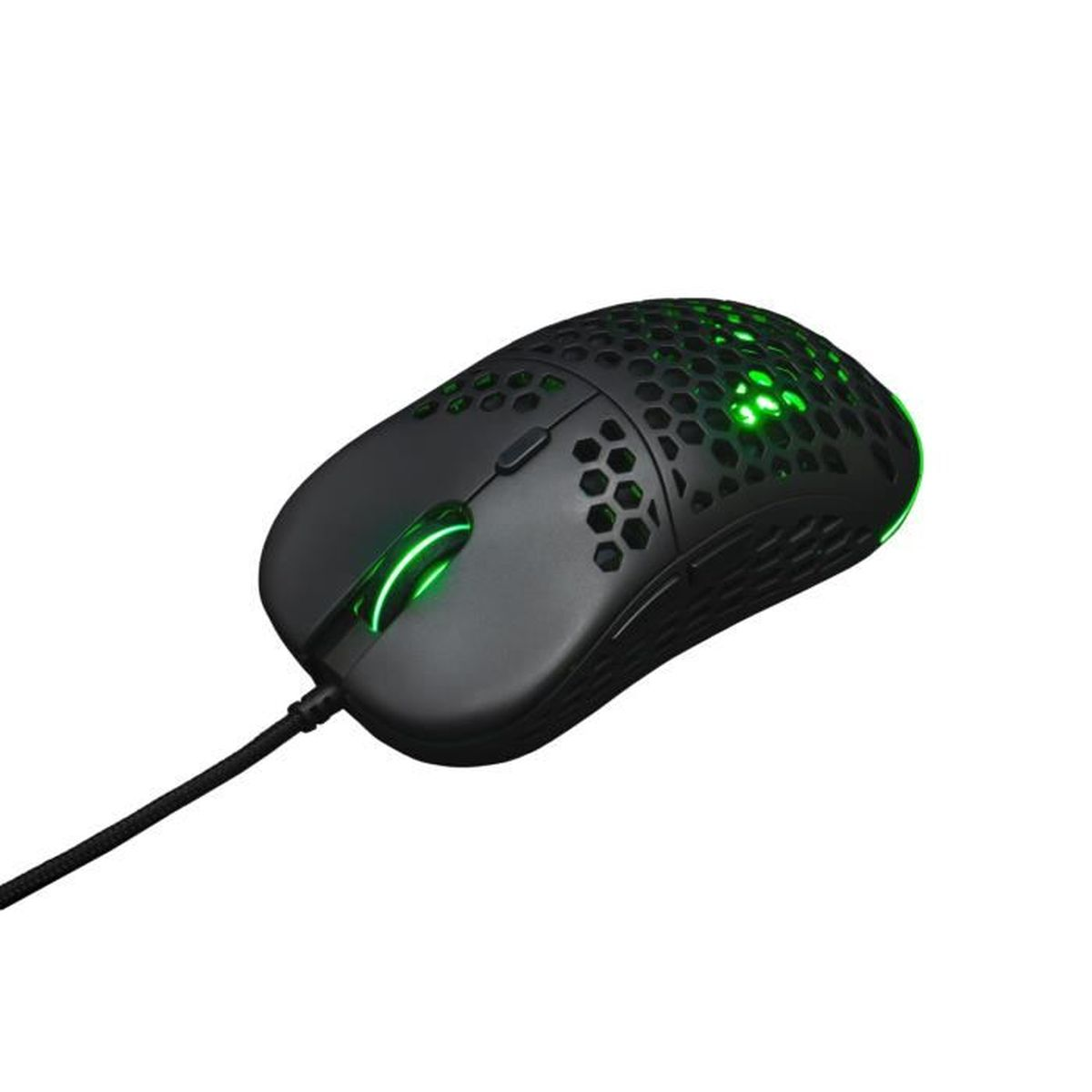 Eine schwarze Gaming-Maus mit grünen LED-Akzenten steht auf weißem Grund.