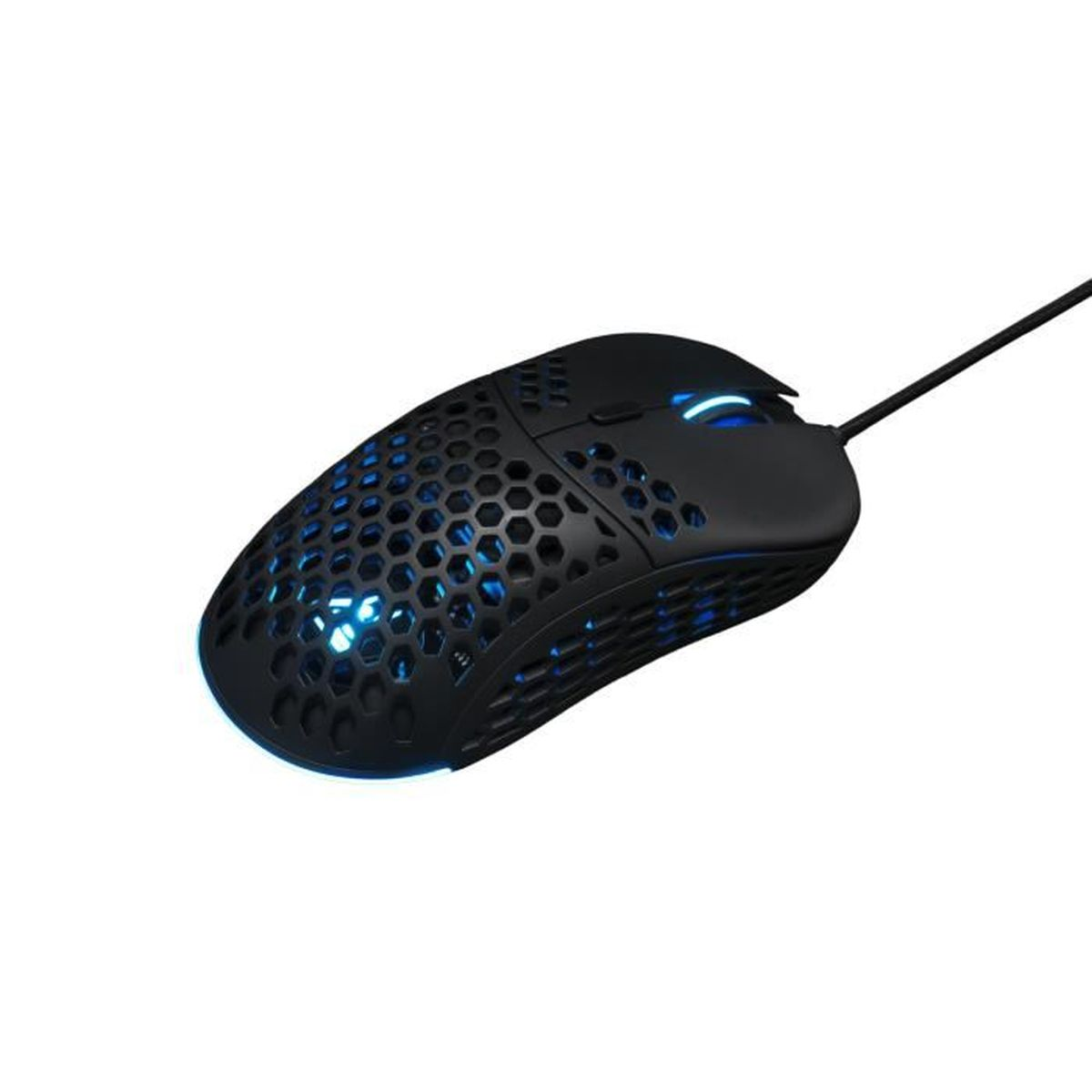 Schwarze Gaming-Maus mit Wabenmuster und blauer LED-Beleuchtung.