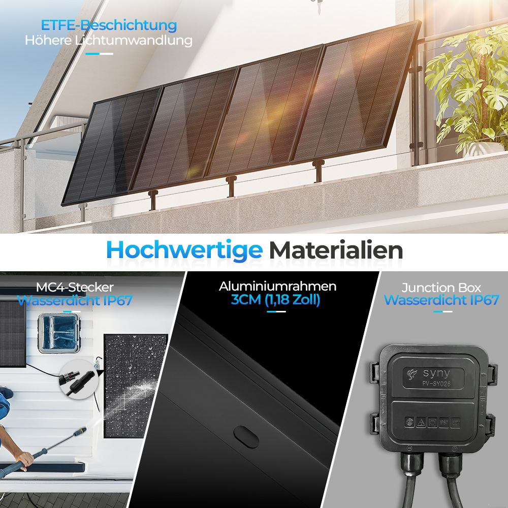 Solarmodule auf Balkon mit ETFE-Beschichtung, MC4-Stecker, Aluminiumrahmen und Junction Box.