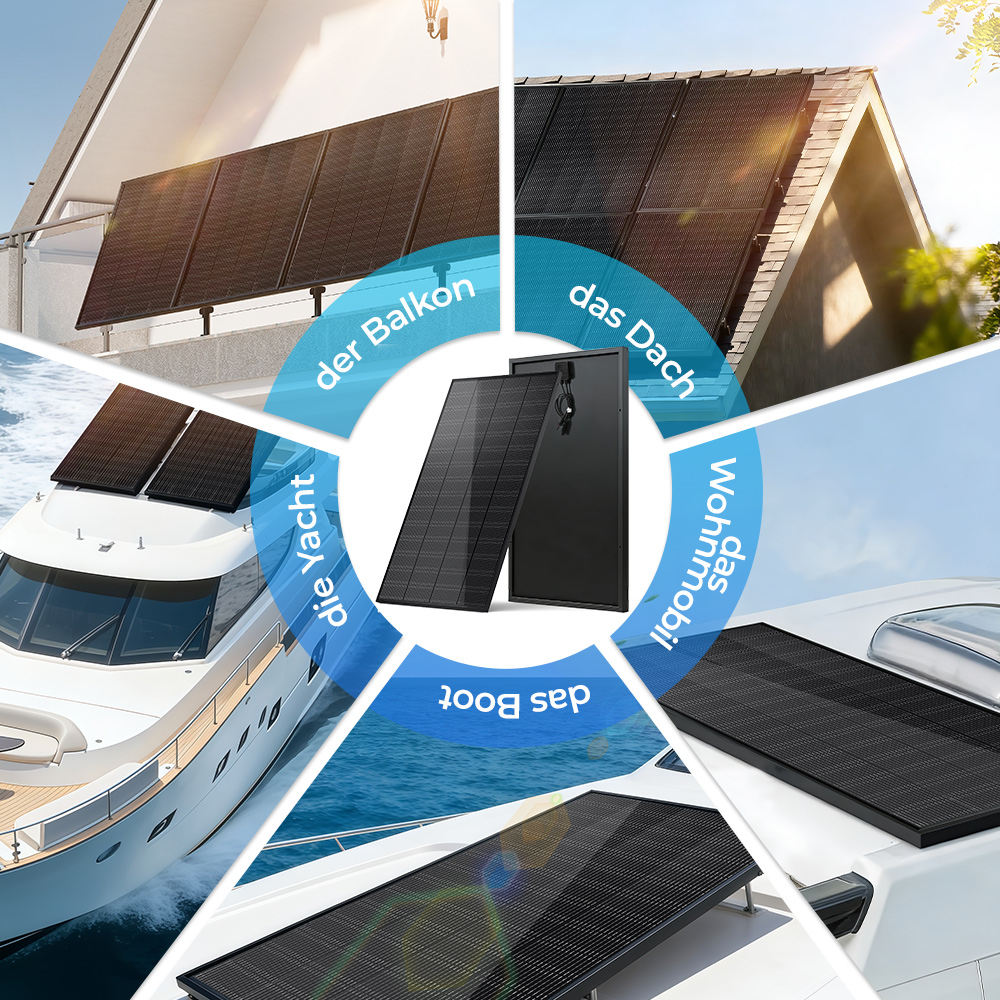 Solarpaneele auf einem Balkon, Dach, Wohnmobil und Boot.