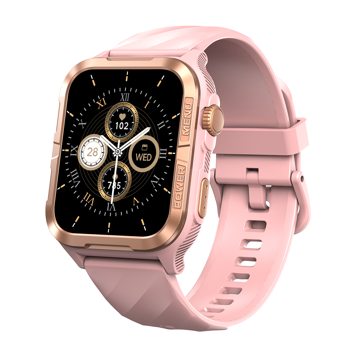 Różowy smartwatch ze złotą ramką i cyfrowym wyświetlaczem.