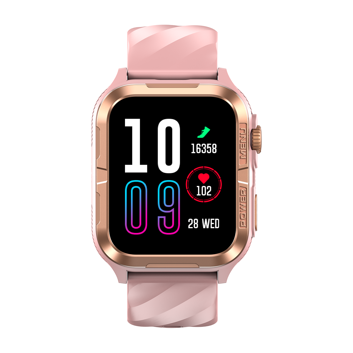 Różowy smartwatch ze złotą ramką i czarnym ekranem pokazuje 10:09.