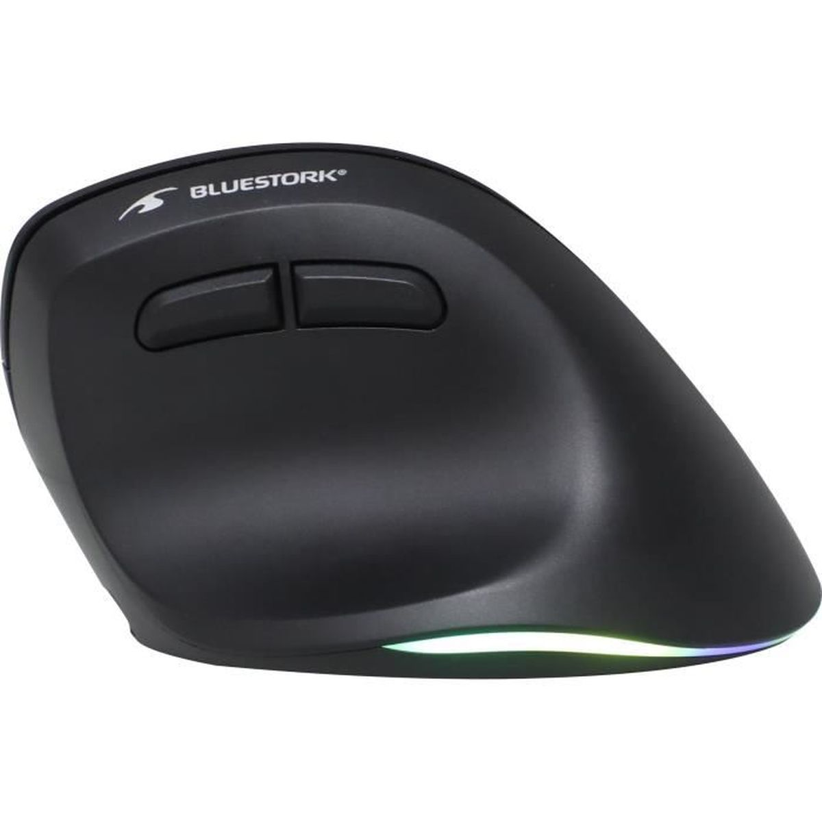 Schwarze ergonomische Maus mit zwei Tasten und blau-grüner Beleuchtung.