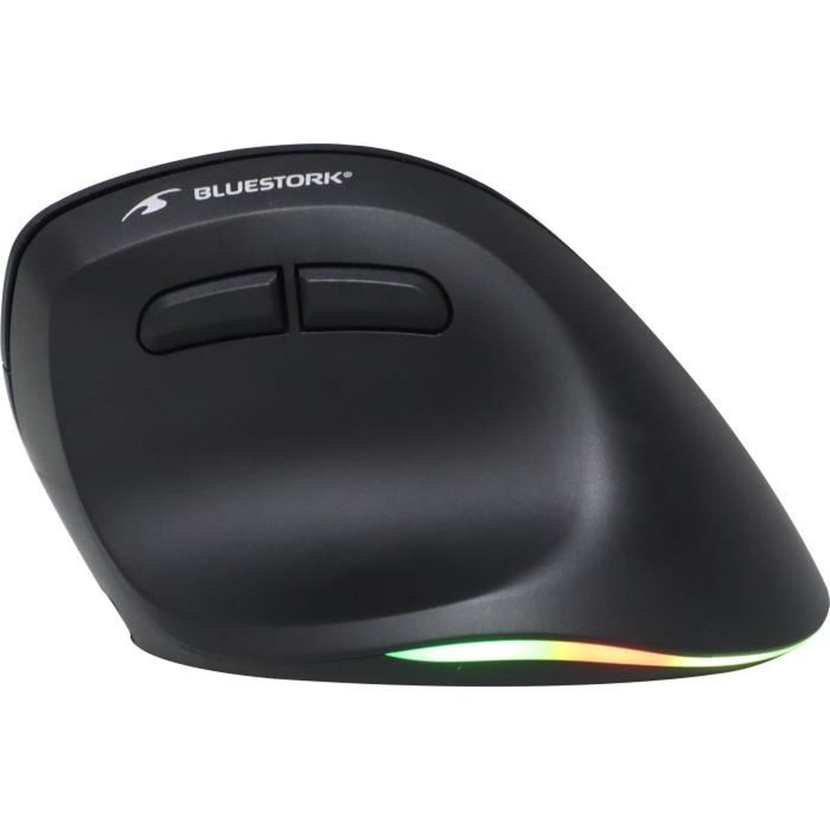Schwarze ergonomische Maus mit zwei Tasten und farbiger LED-Beleuchtung unten.