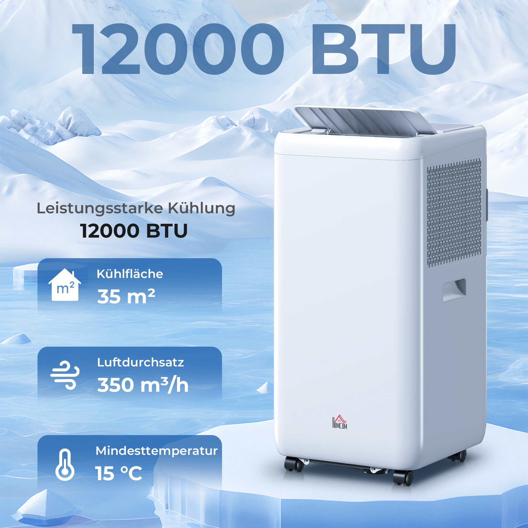 Ein weißer 12000 BTU mobile Klimaanlage mit Kühlfläche 35m², Luftdurchsatz 350m³/h bei 15°C.