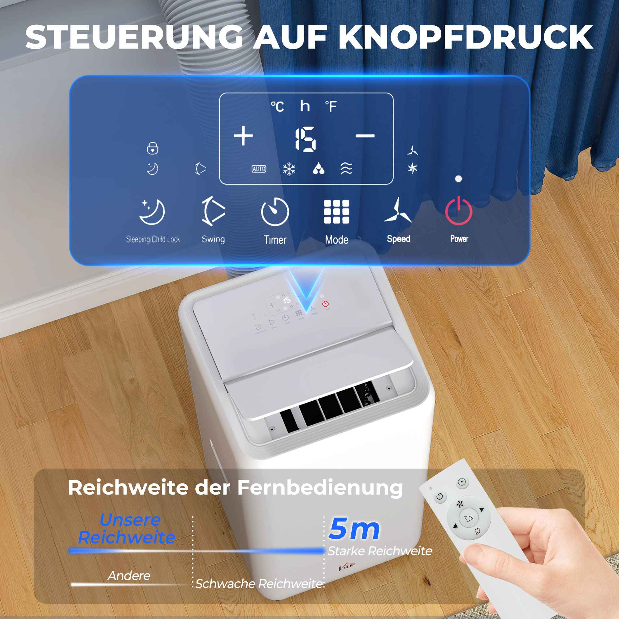 Ein weißes Klimagerät mit Fernbedienung. Die Steuerung ist per Knopfdruck.