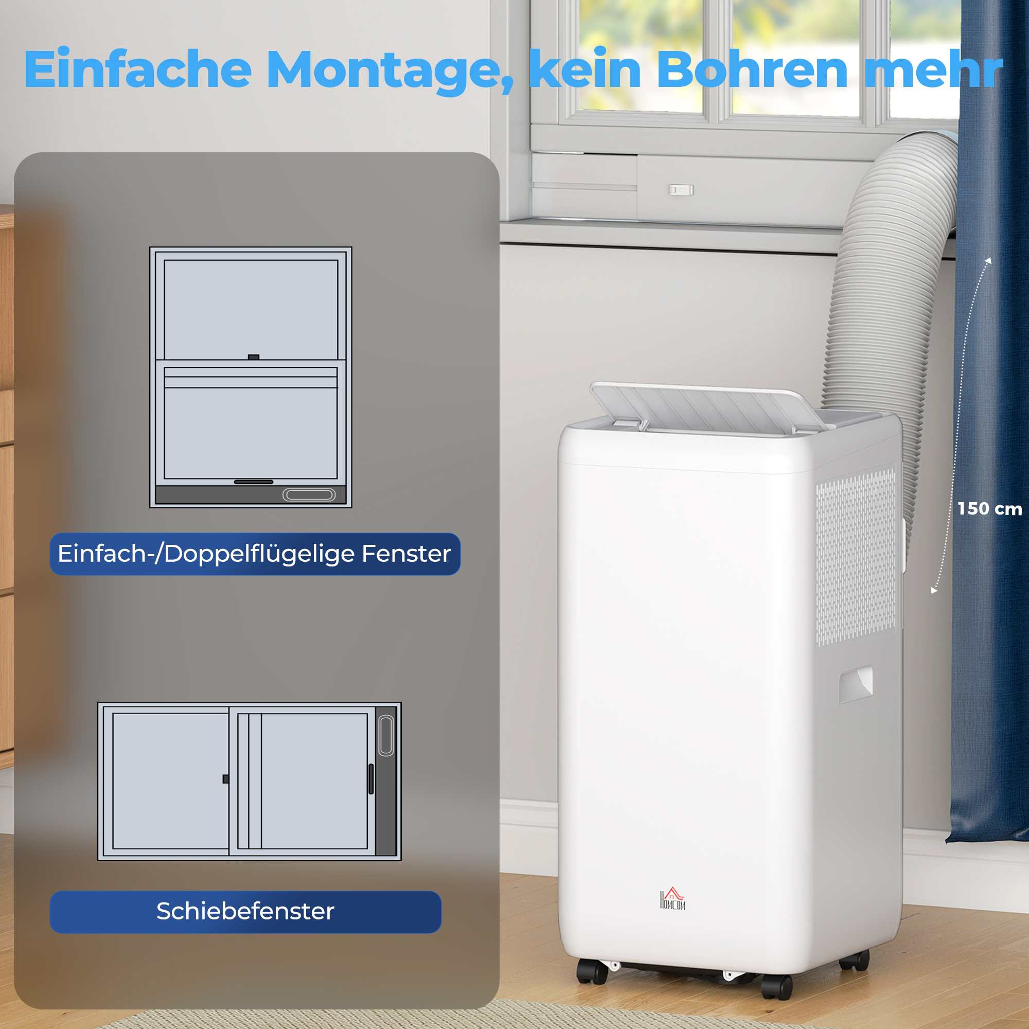 Ein weißer mobiler Klimaanlagen-Schlauch ist durch ein Fenster geführt.
