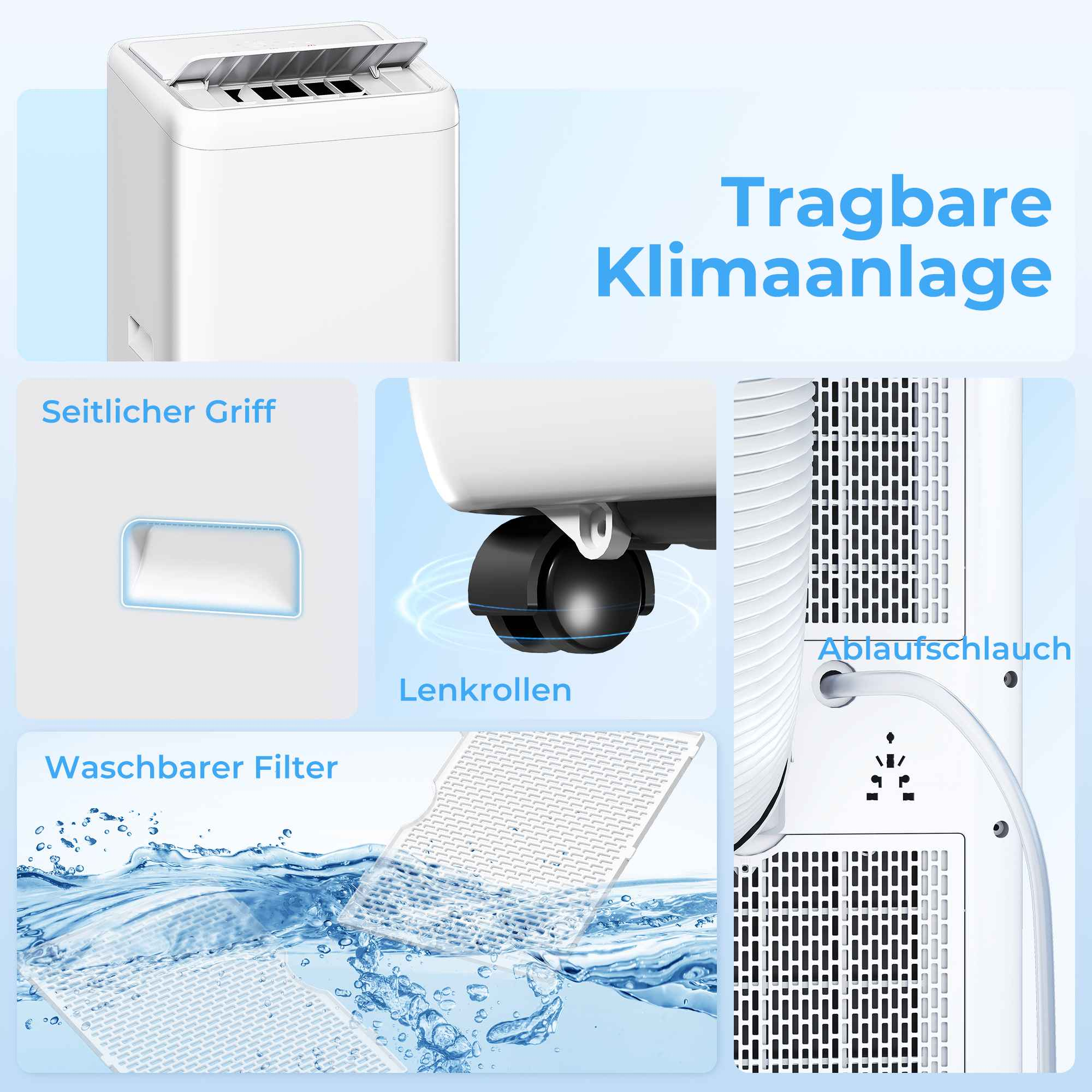 Tragbare Klimaanlage mit Griff, Rollen, Schlauch und waschbarem Filter.