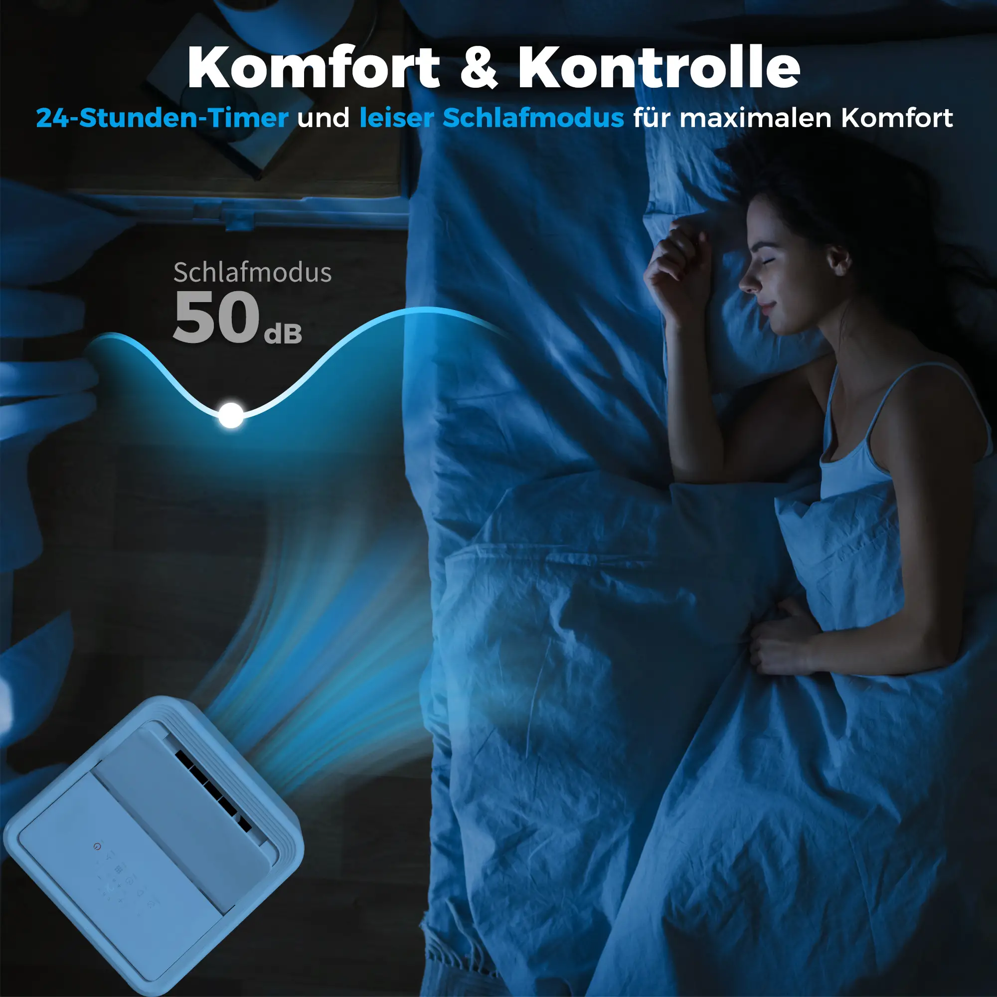 Eine Frau schläft im Bett, während ein Luftreiniger leise läuft.