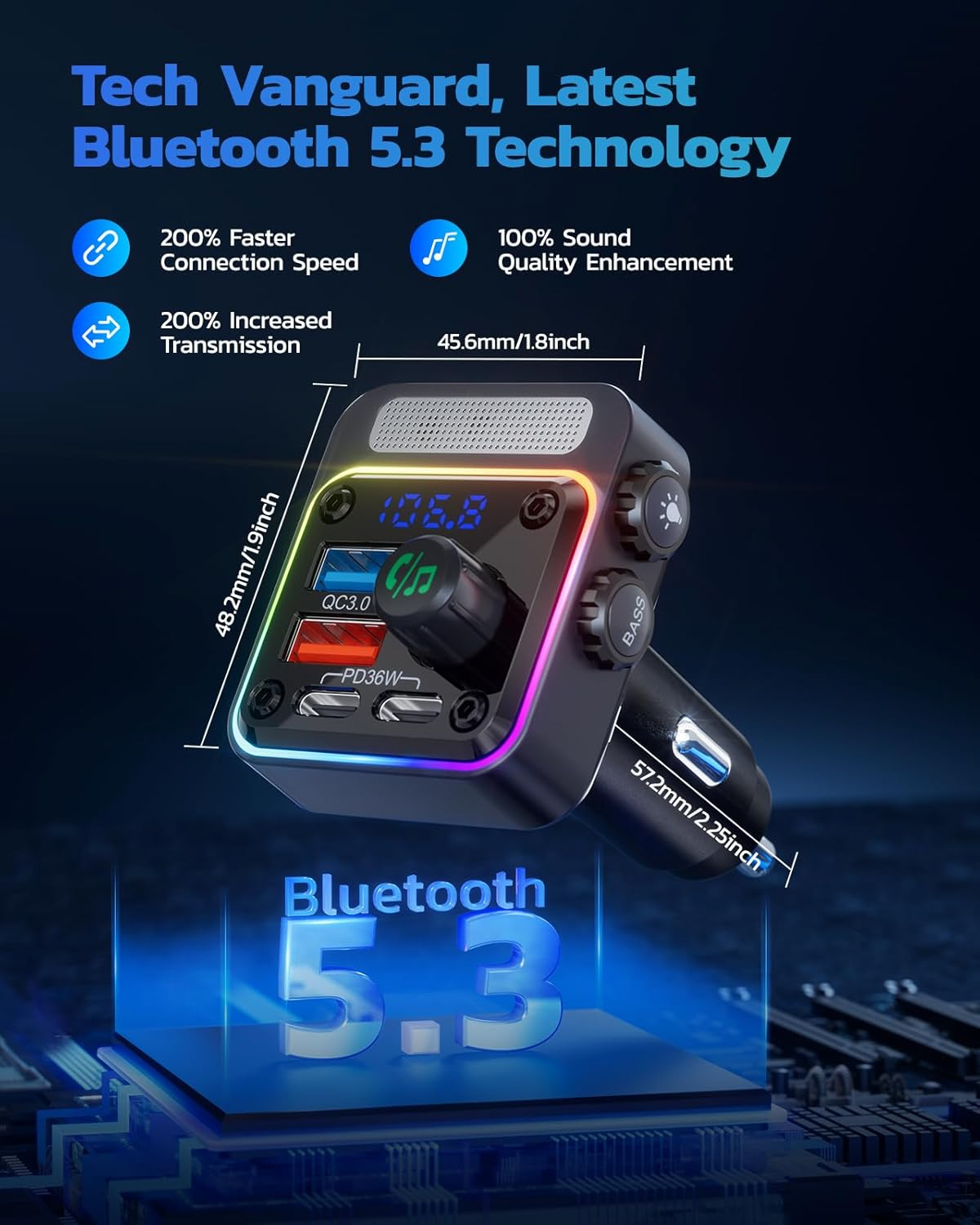 Ein schwarzer Bluetooth 5.3-Adapter für Autos mit QC3.0 und PD36W Anschlüssen.