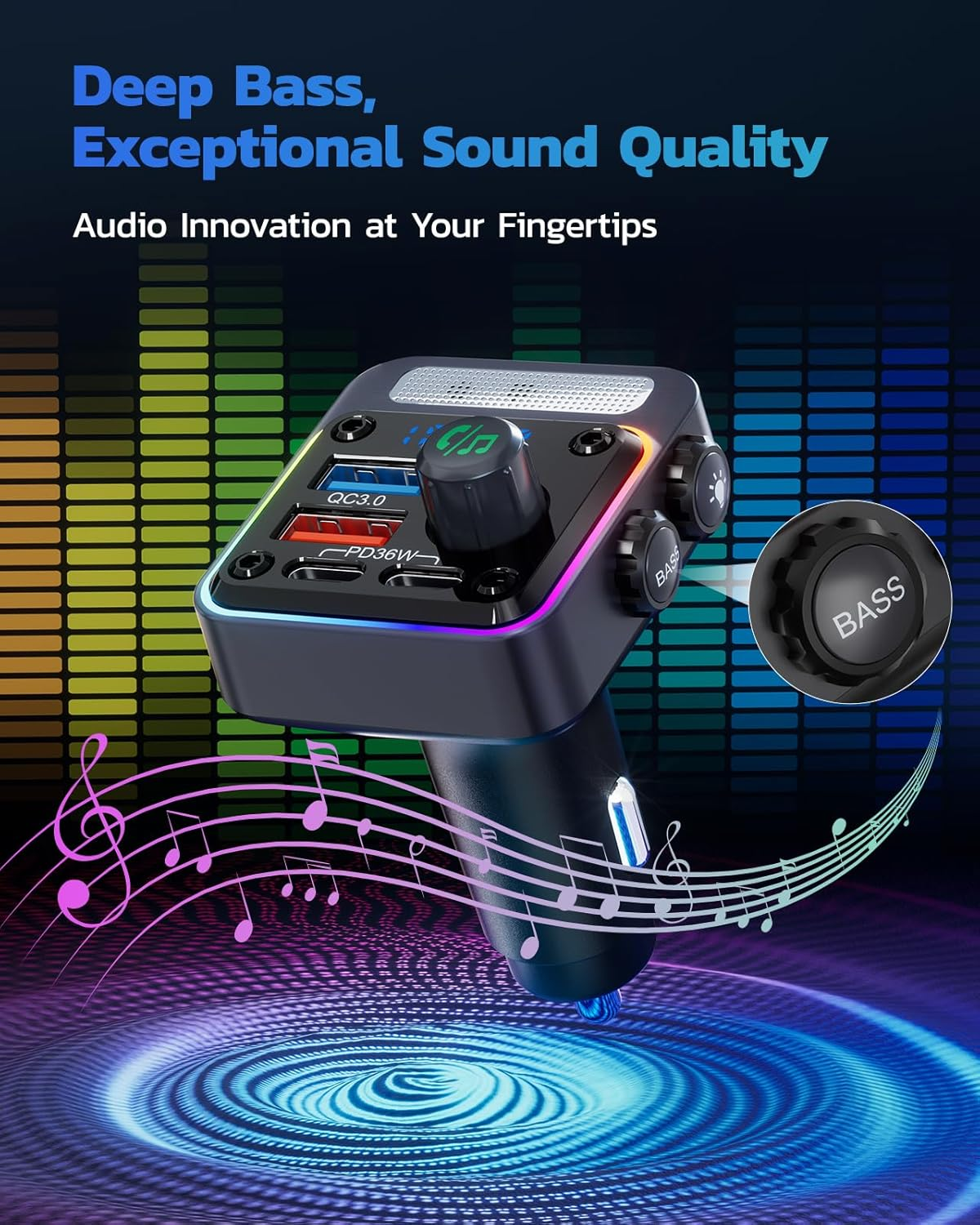 Ein schwarzer FM-Sender mit EQ-Display und Musiknoten.
