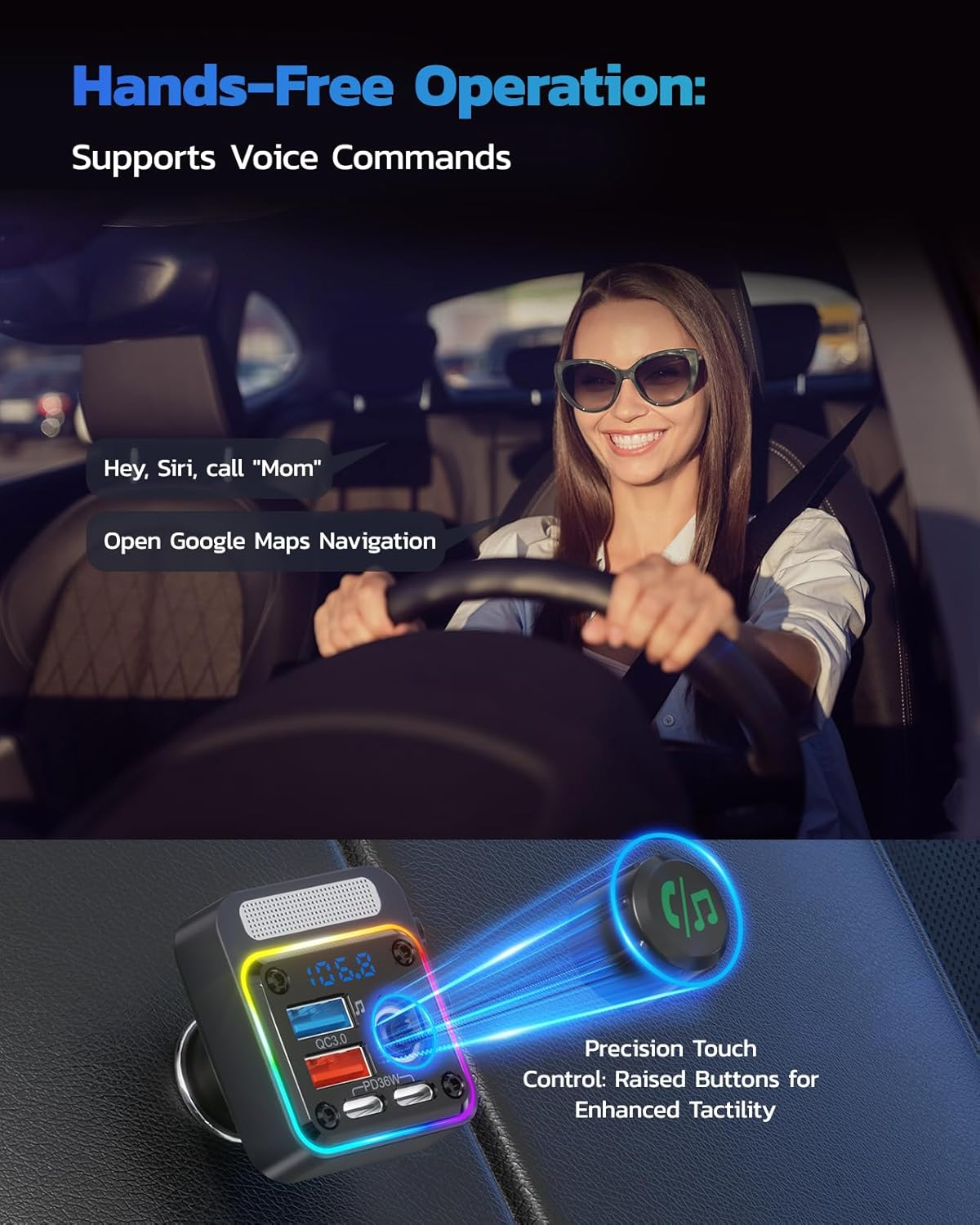 Fahrerin im Auto mit Sprachbefehlen und einem Ladeadapter mit LEDs.