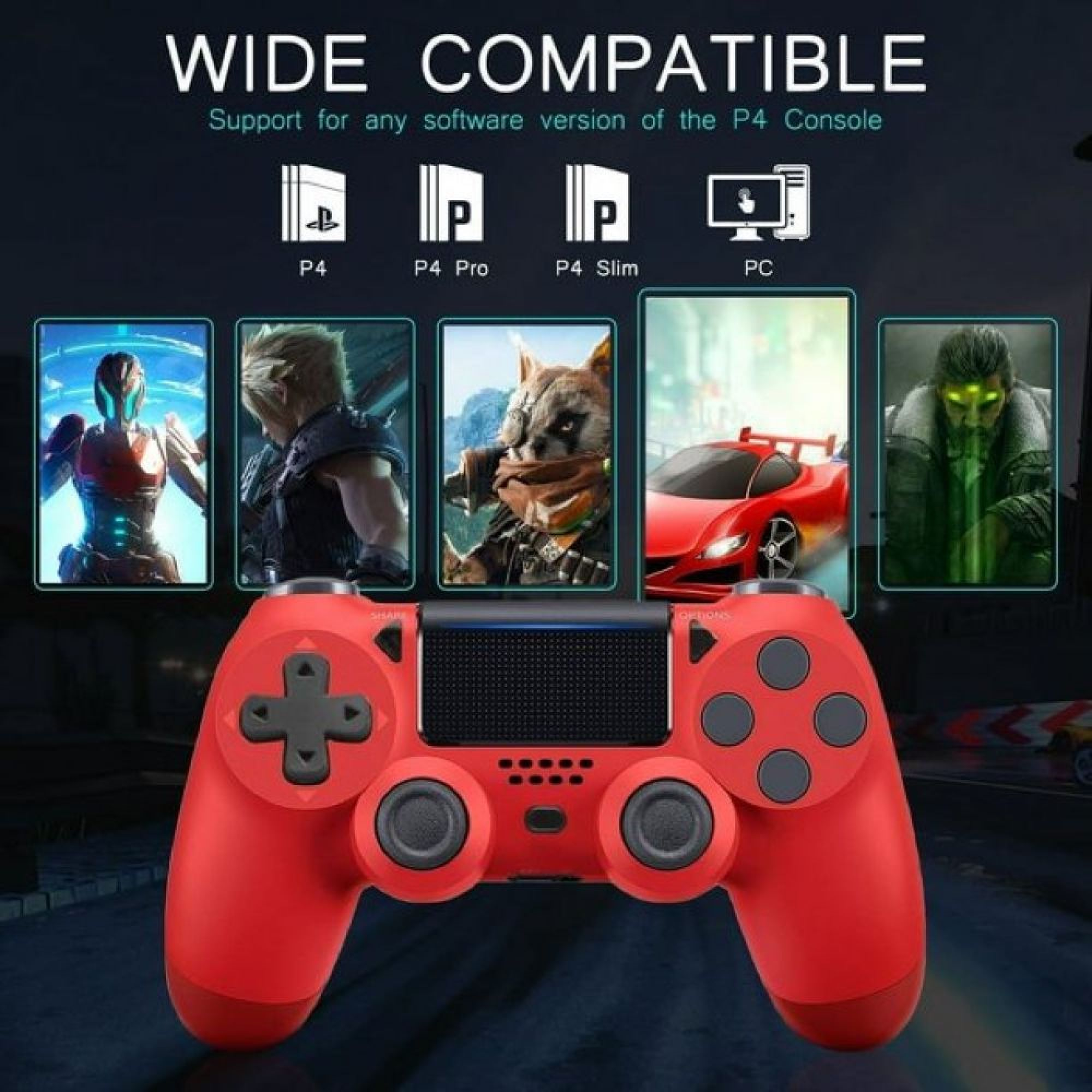Rote PS4-Steuerung mit Spielbildern: P4, P4 Pro, P4 Slim, PC.