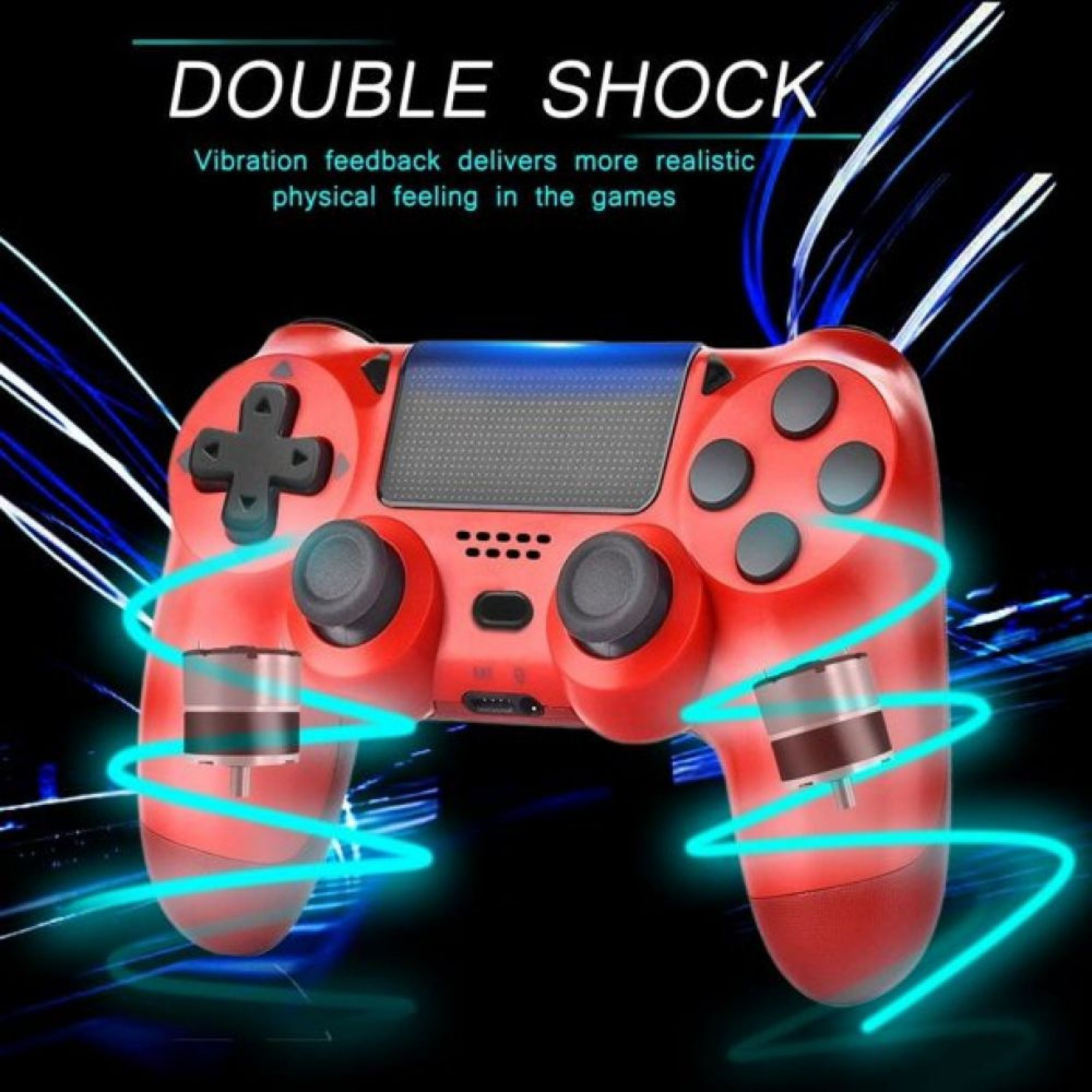 Ein roter Gamecontroller mit blauen Lichteffekten und Vibrationselementen.