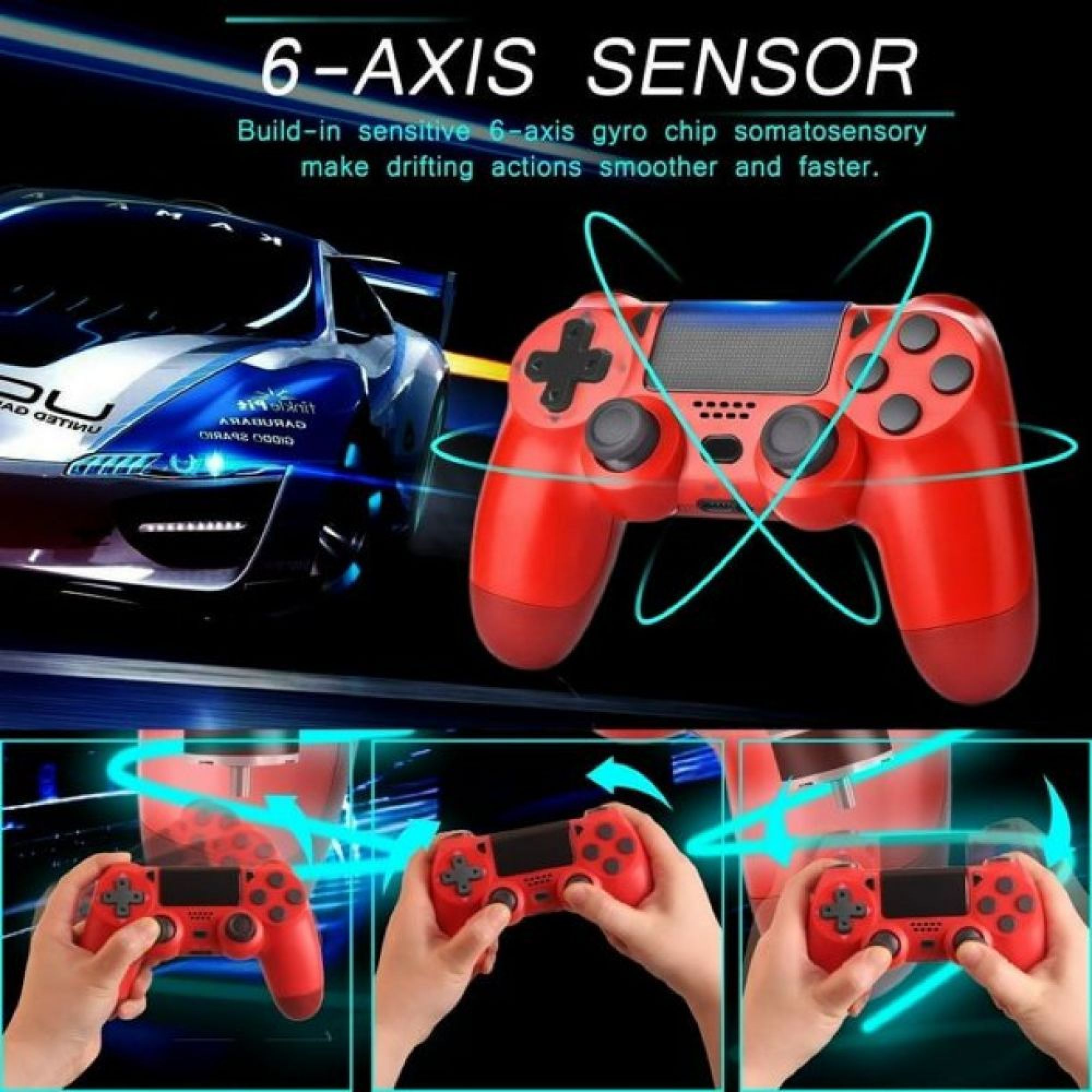 Rote Spielkonsole mit 6-Achsen-Sensor neben einem Rennwagen.