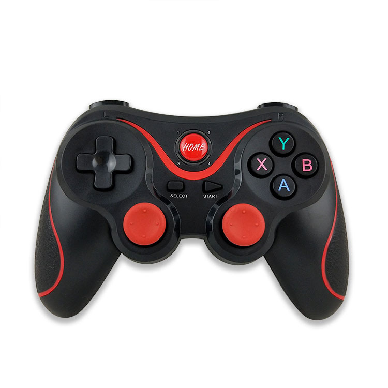 Ein schwarzer Videospiel-Controller mit roten Akzenten und Knöpfen.