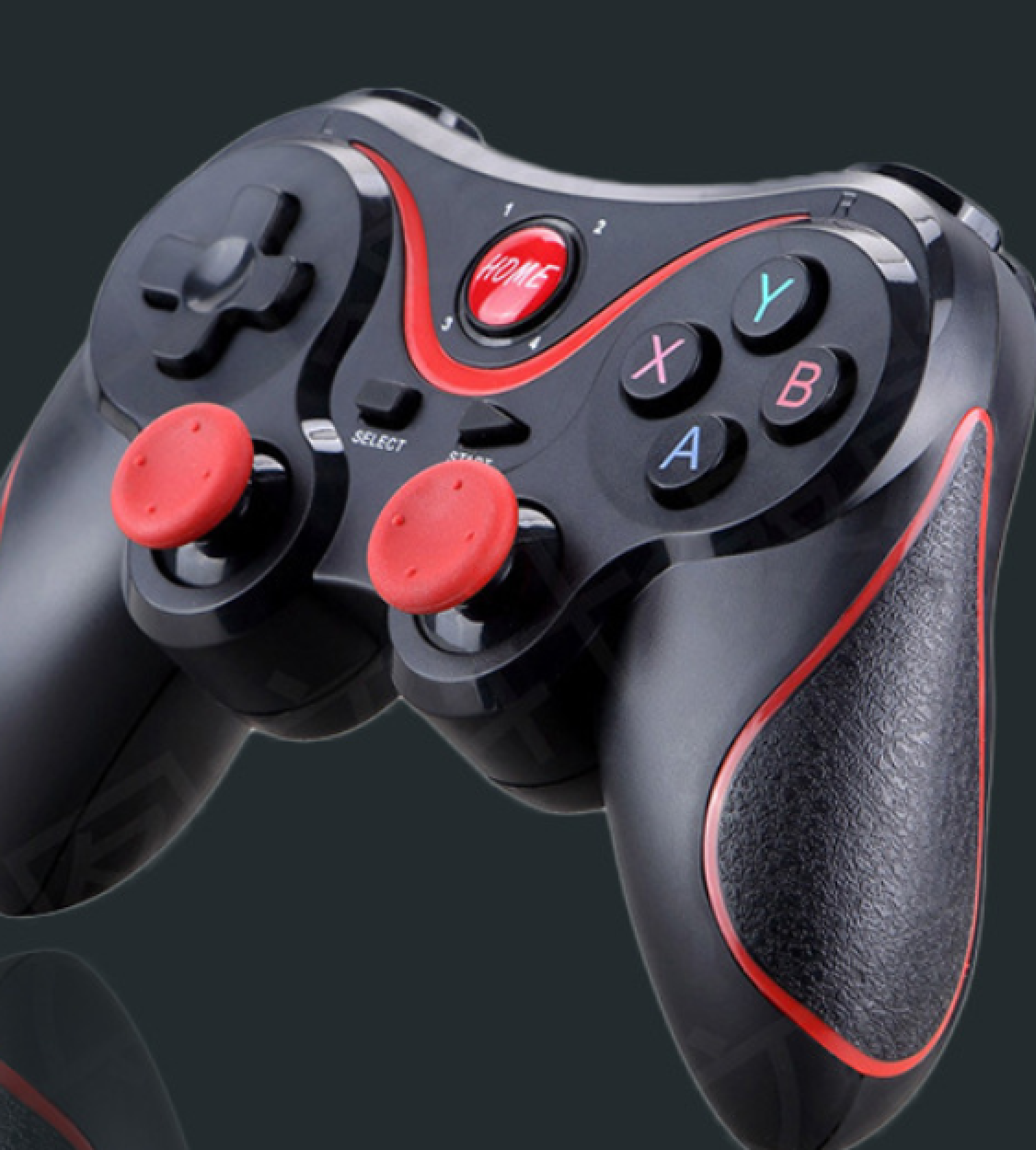 Schwarzer Gamecontroller mit roten Akzenten, Home-Taste und Joysticks.